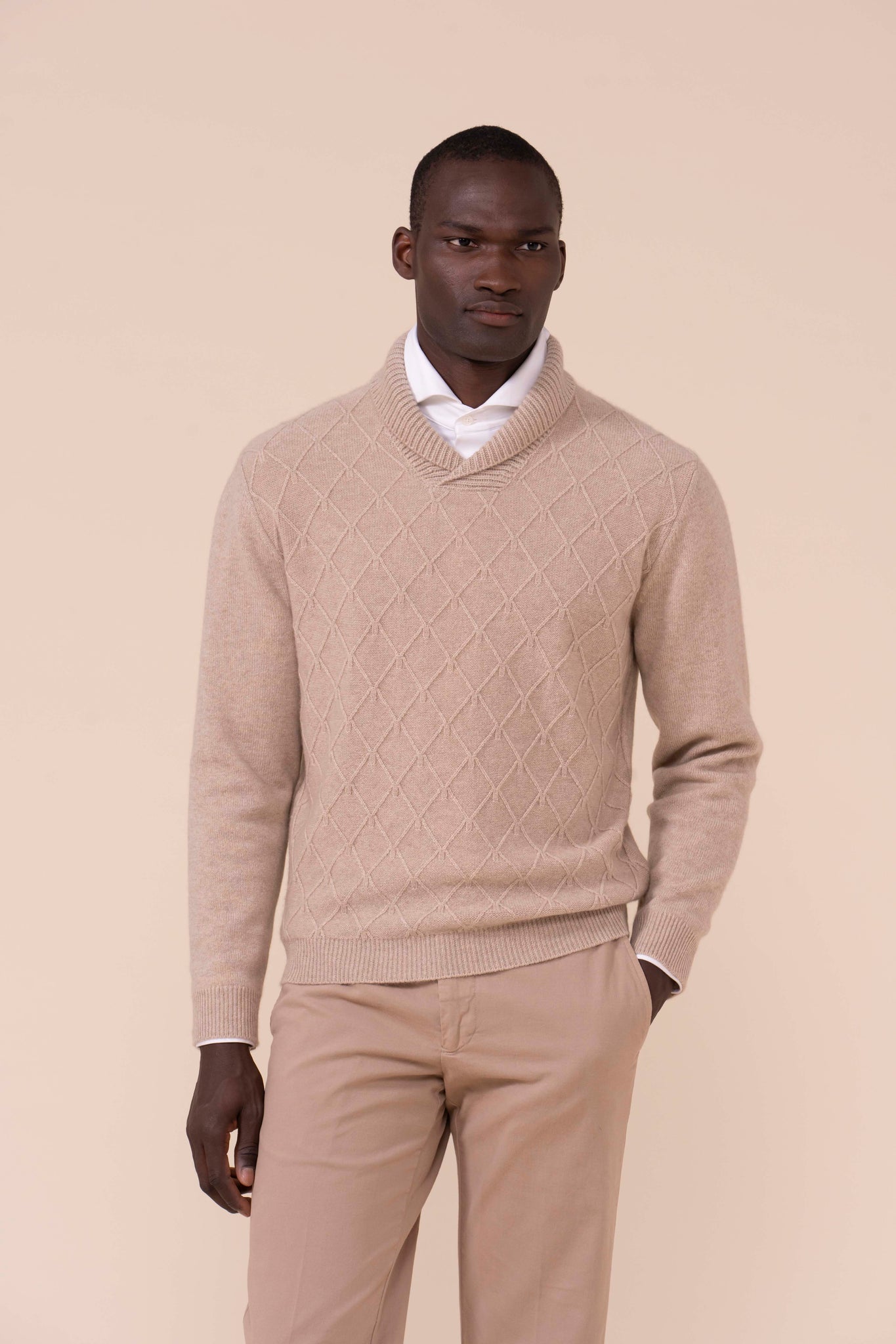Cross Cashmere Shawl Neck Sweater - ALMOND