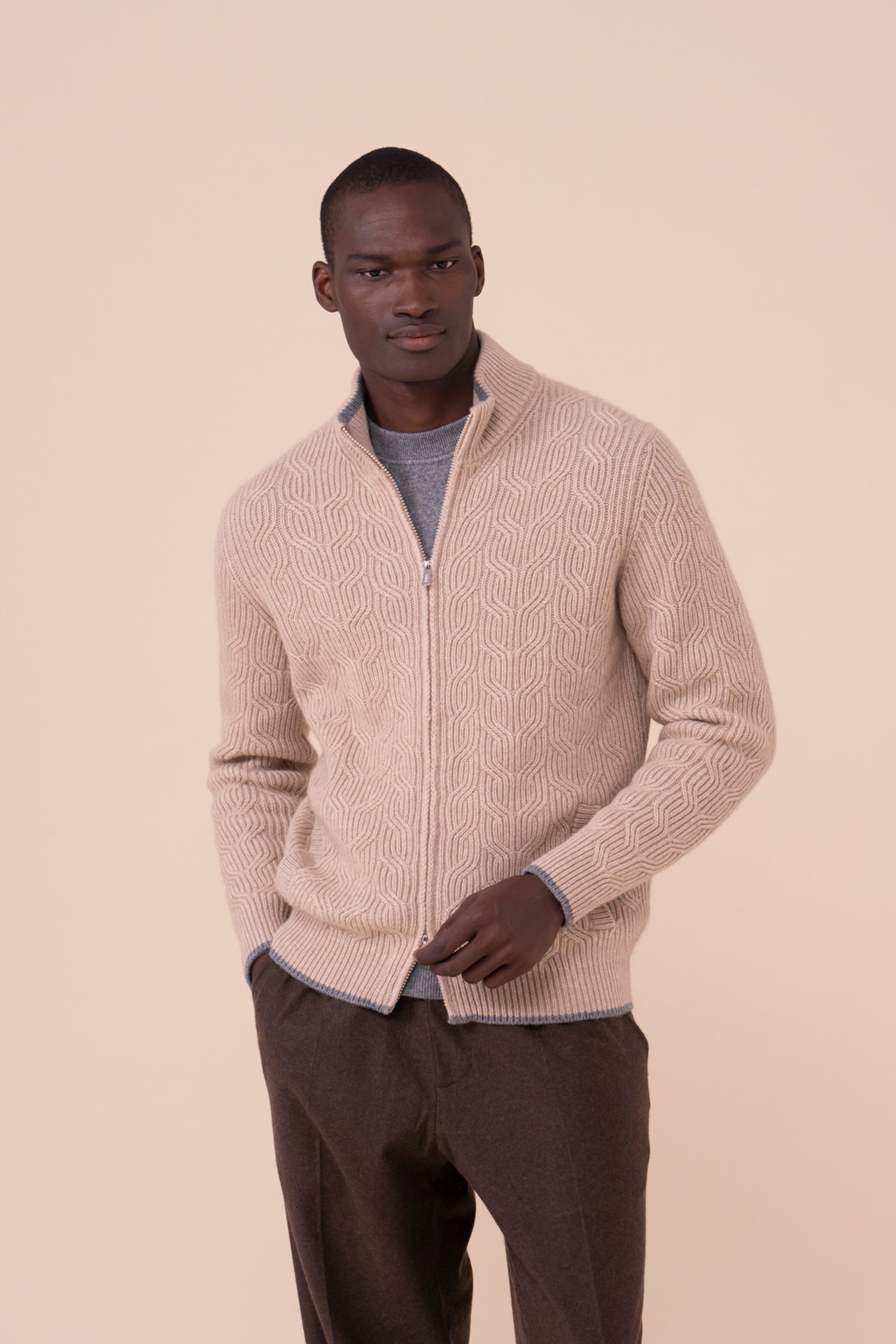 Zago Cashmere Full-zip Sweater - Bicolor - ALMOND