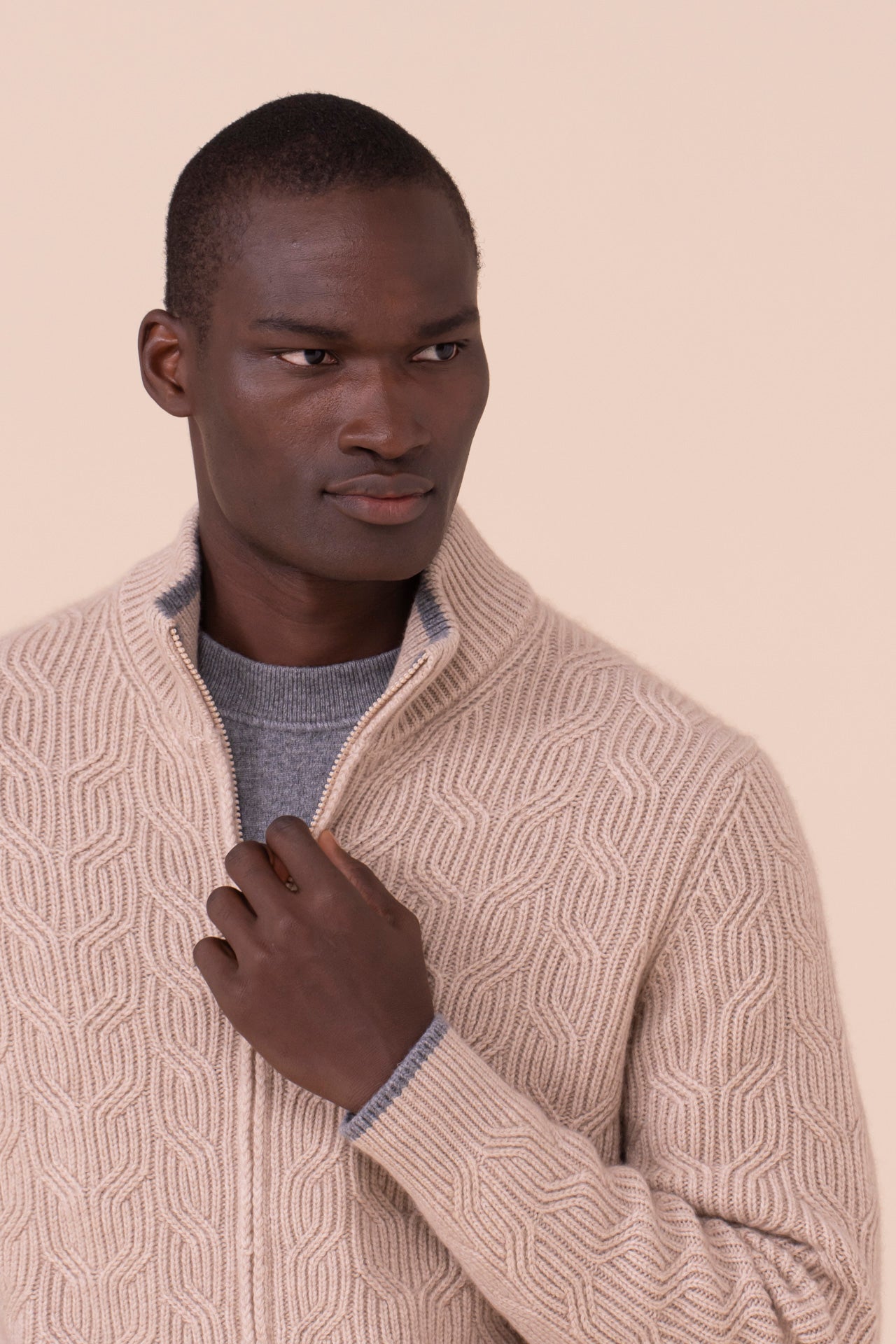 Zago Cashmere Full-zip Sweater - Bicolor - ALMOND