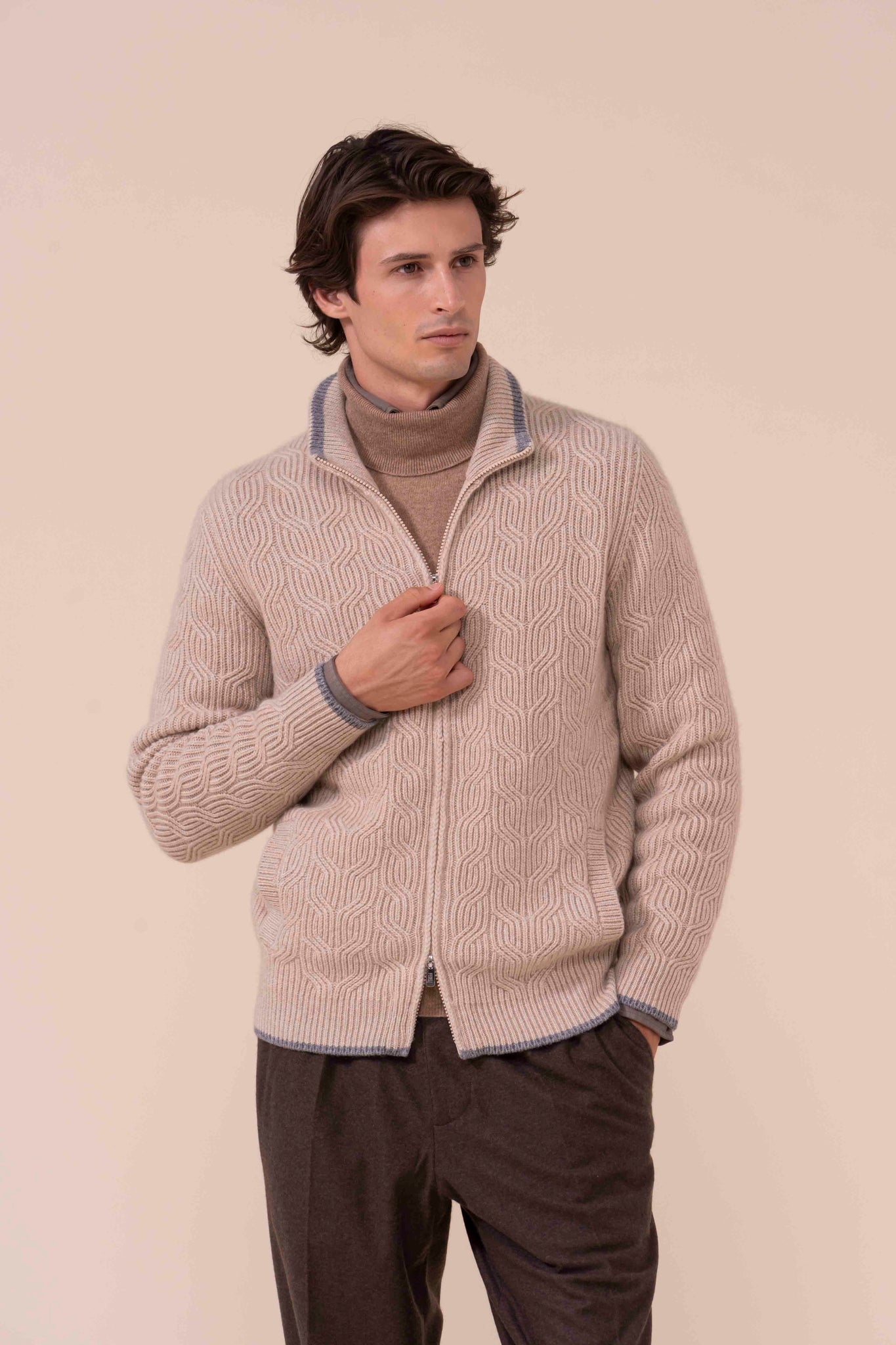 Zago Cashmere Full-zip Sweater - Bicolor - ALMOND