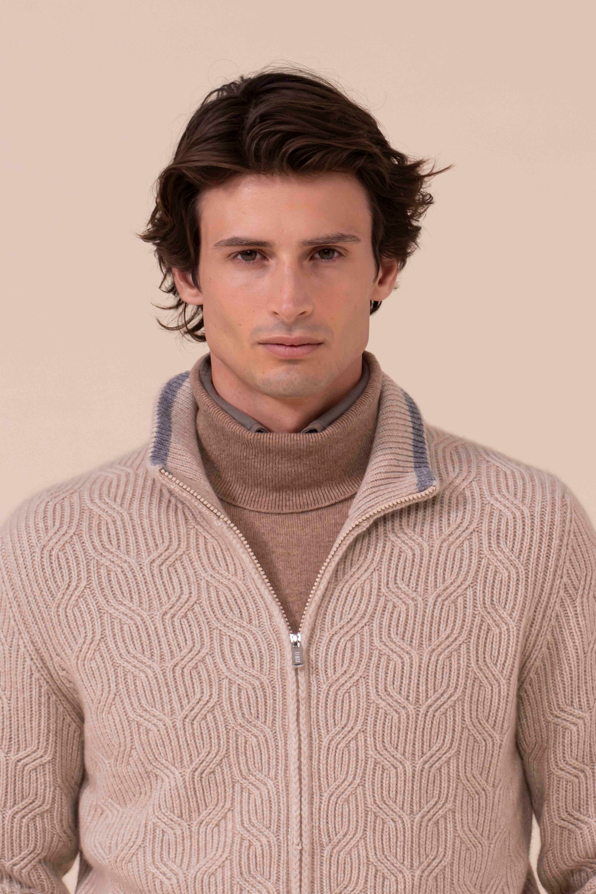 Zago Cashmere Full-zip Sweater - Bicolor - ALMOND