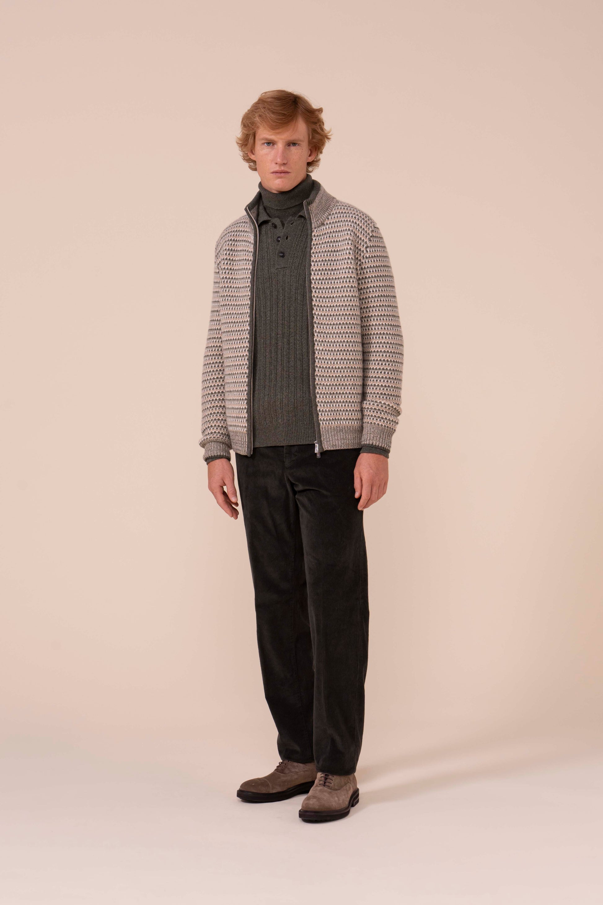 Perth Open Cashmere Jacquard Full-zip Sweater - ALMOND