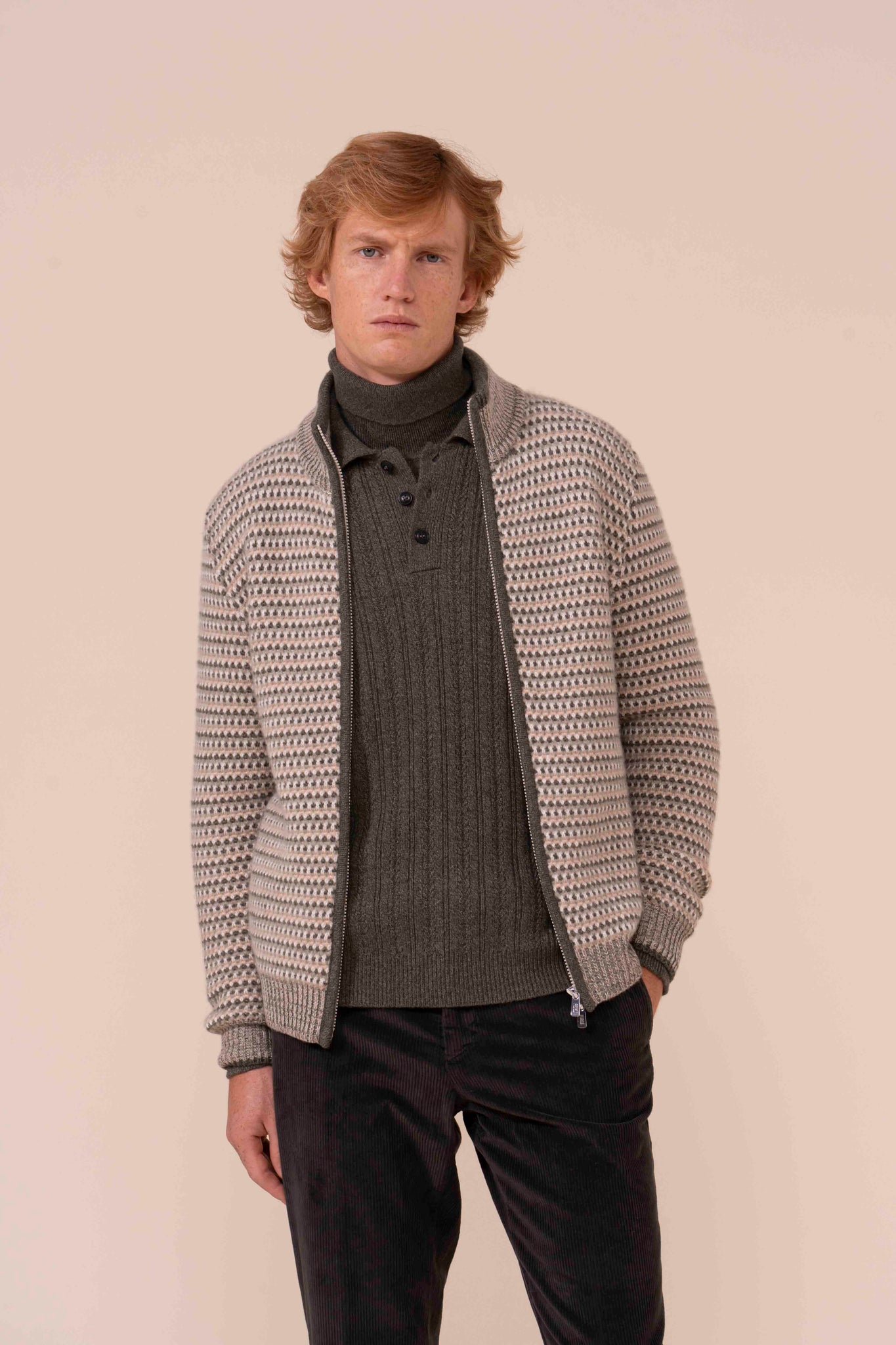 Perth Open Cashmere Jacquard Full-zip Sweater - ALMOND