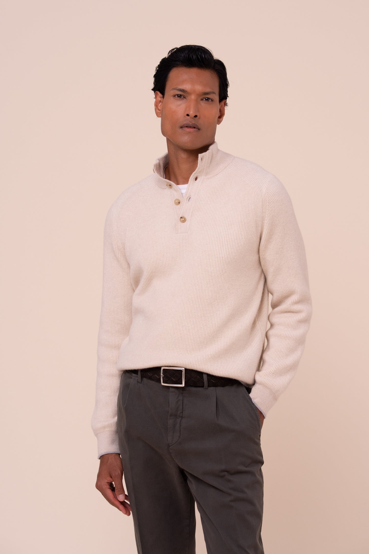 Kyoto Cashmere Ribbed Half Open Sweater - MAROON