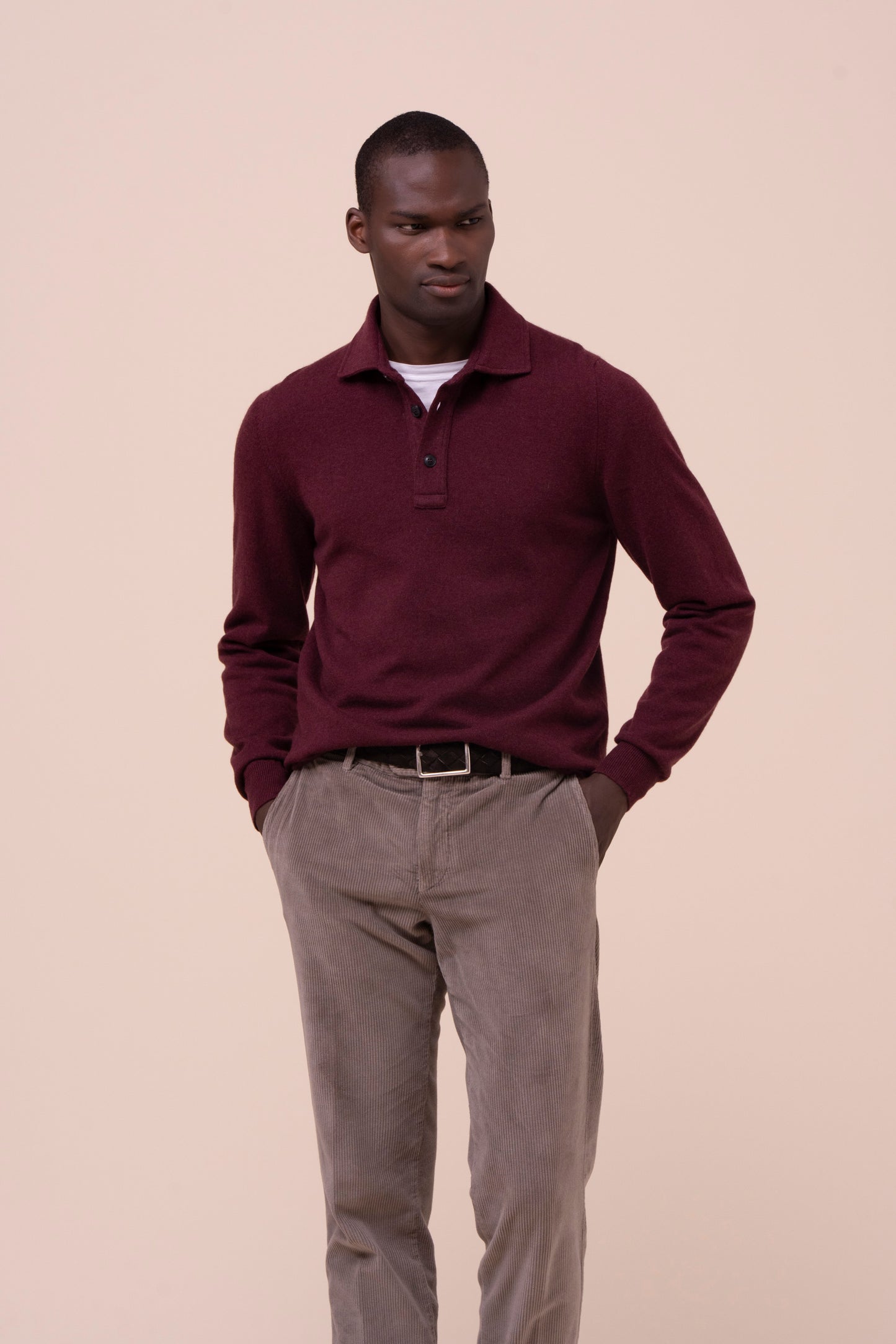 Ugo polo a maniche lunghe in cashmere - MAROON