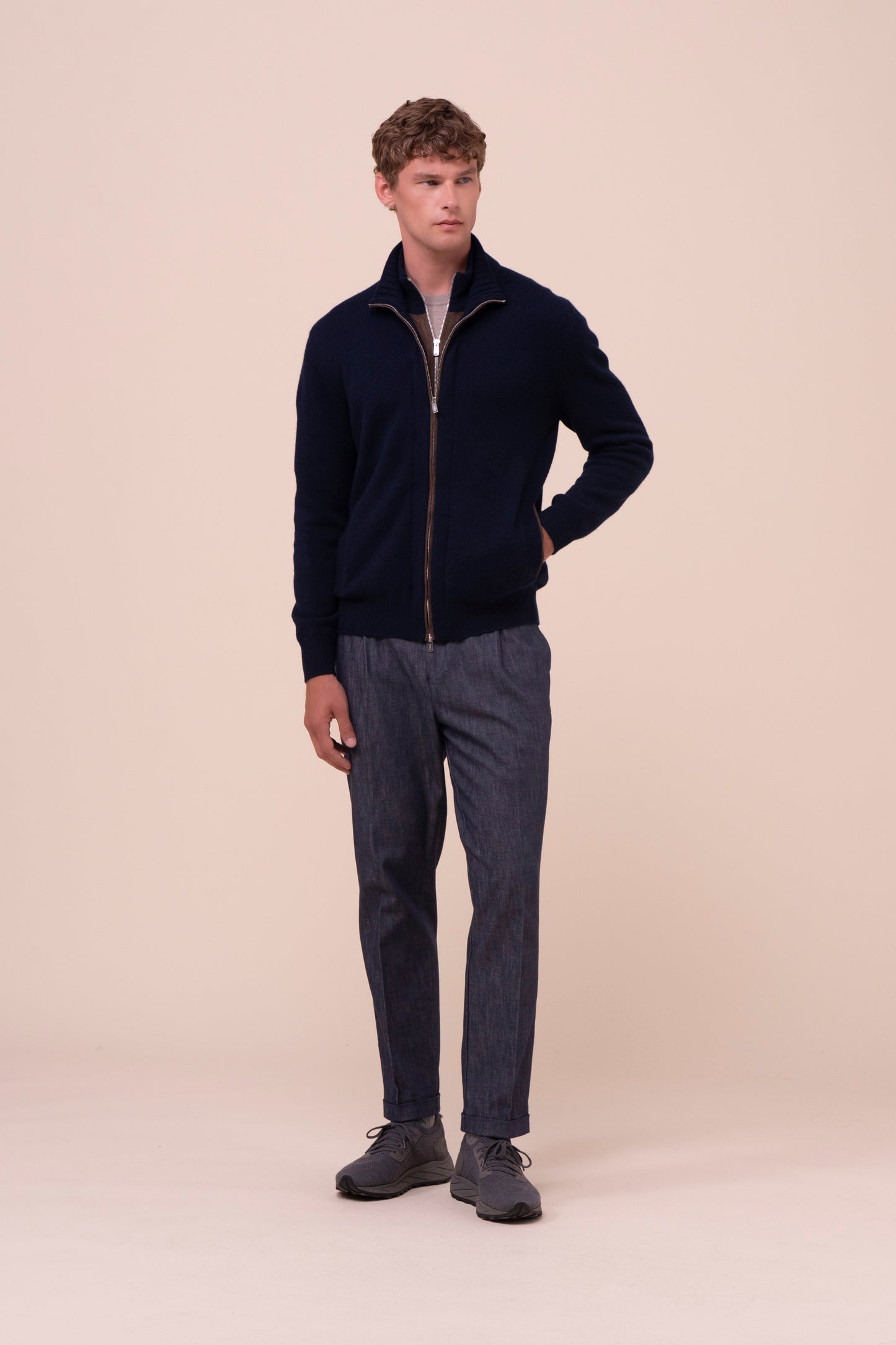 Arcano maglia in cashmere e suede con doppia zip - MIDNIGHTBLUE