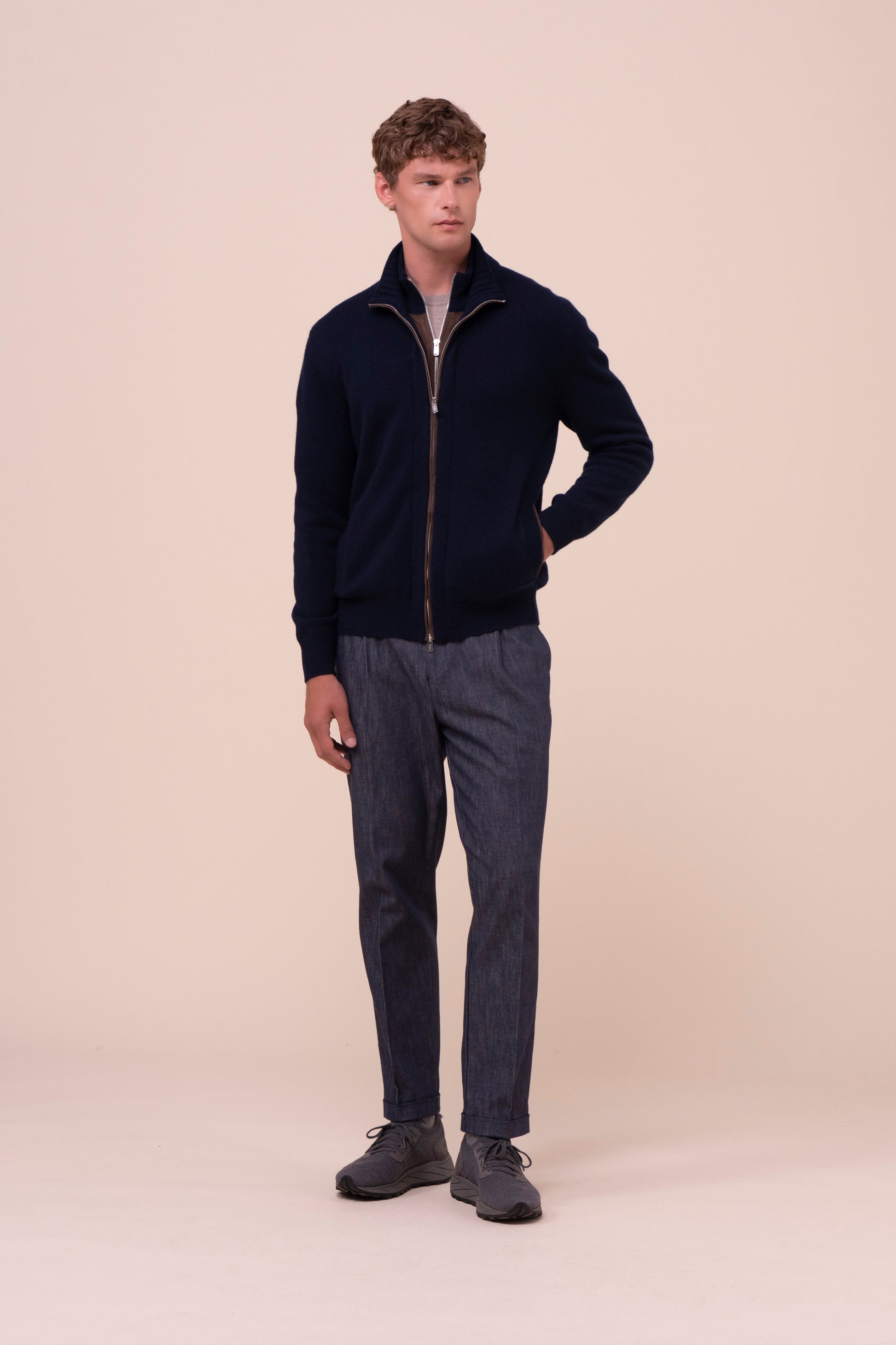 Arcano maglia in cashmere e suede con doppia zip - MIDNIGHTBLUE