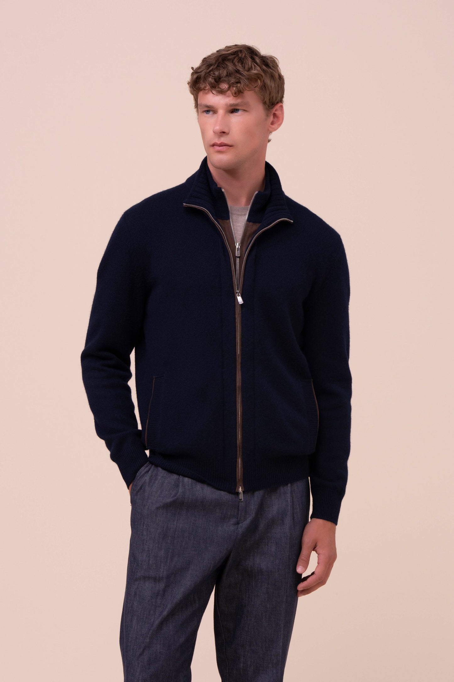 Arcano maglia in cashmere e suede con doppia zip - MIDNIGHTBLUE
