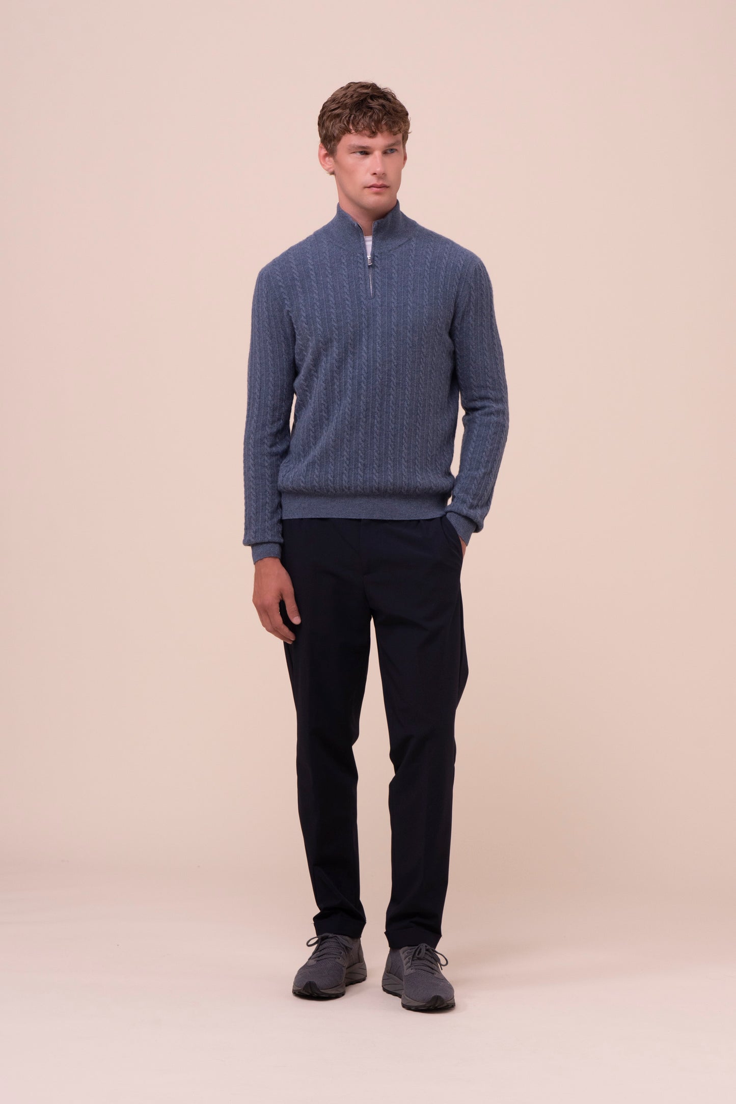 Livigno maglia a mezza zip in cashmere a trecce - LIGHTDENIM