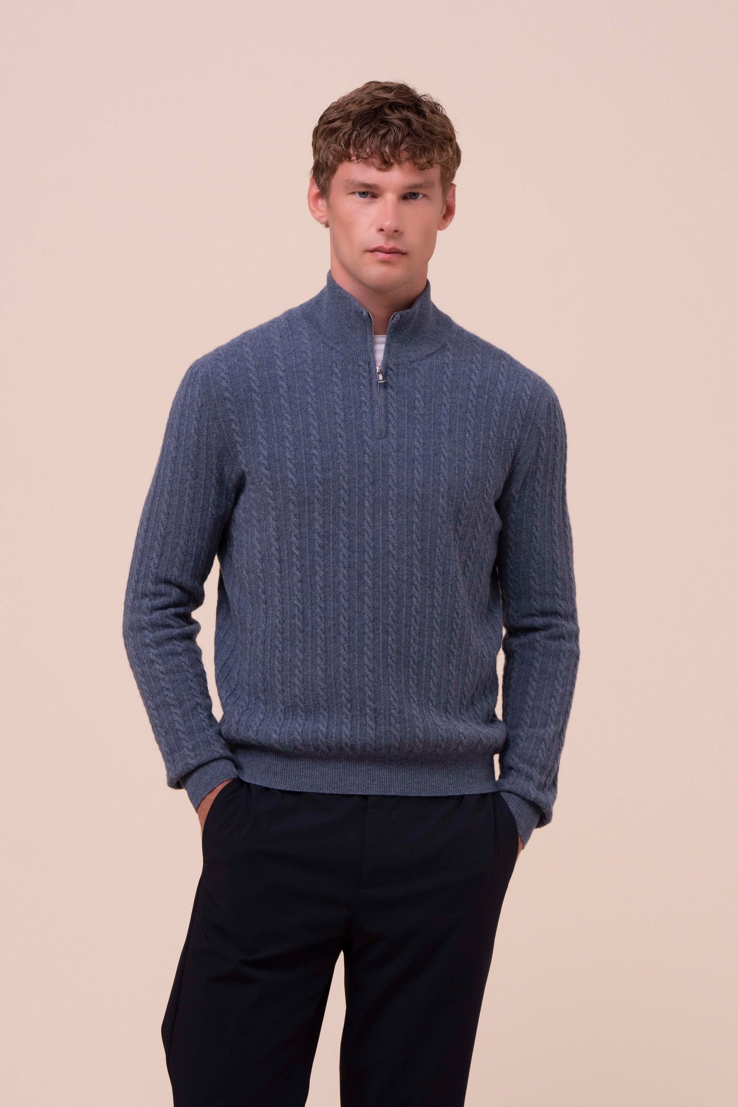 Livigno maglia a mezza zip in cashmere a trecce - LIGHTDENIM