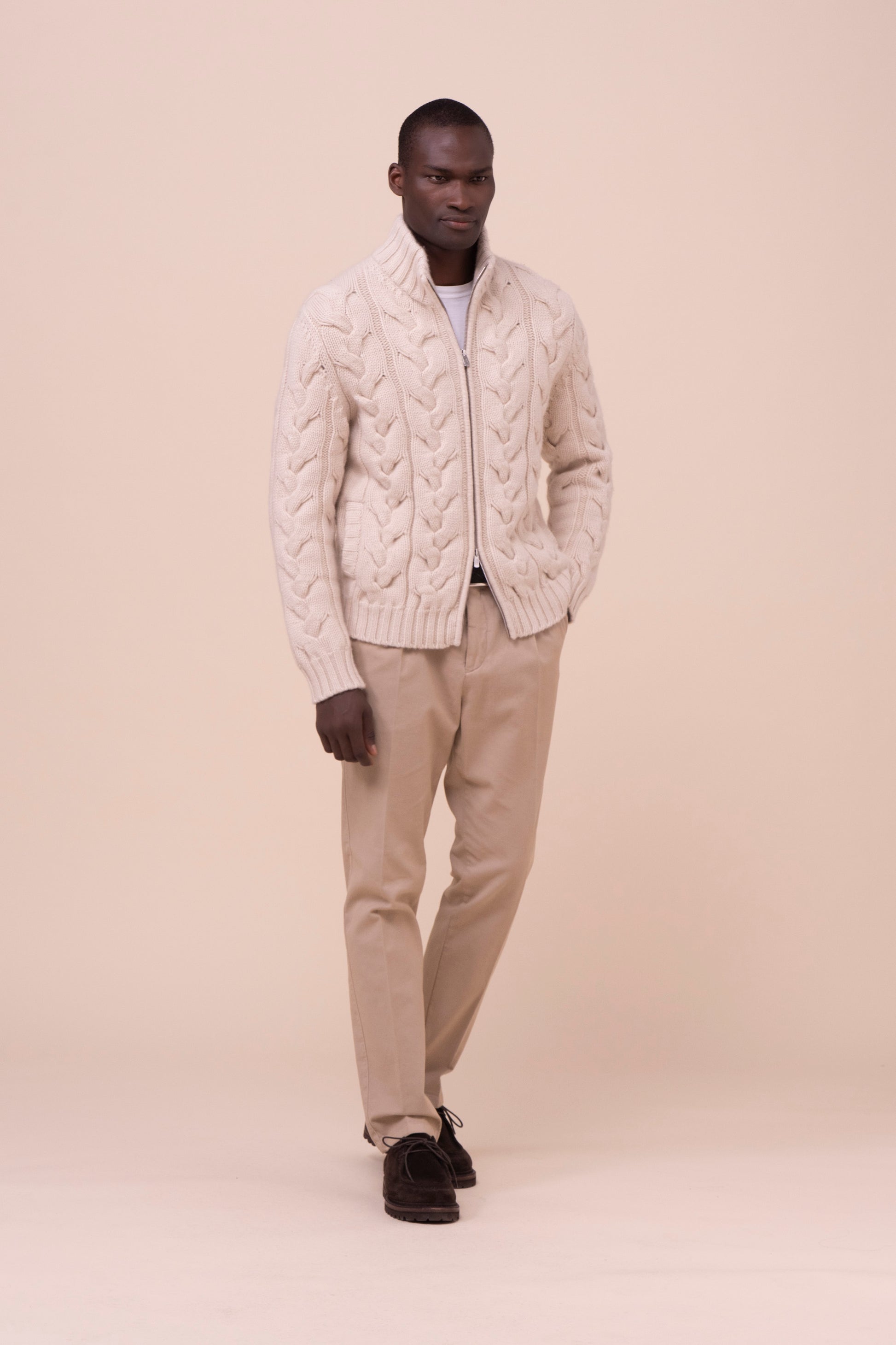 Hand Cashmere Full Zip Sweater - LINENMELANGE