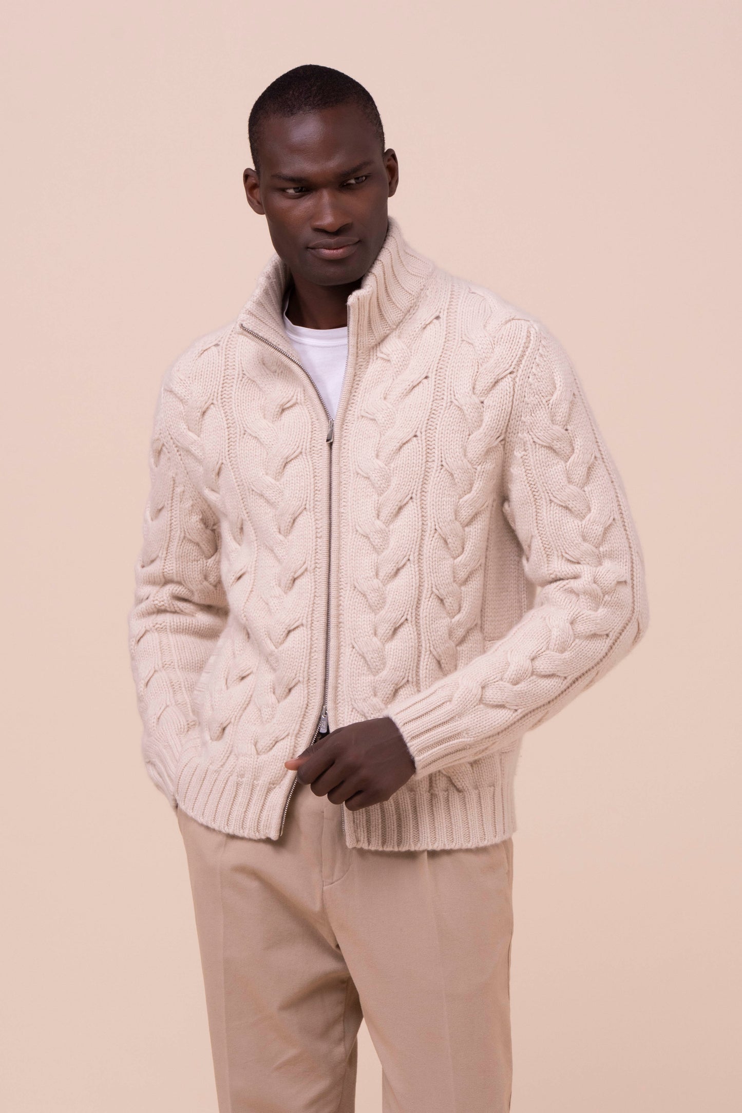 Hand Cashmere Full Zip Sweater - LINENMELANGE