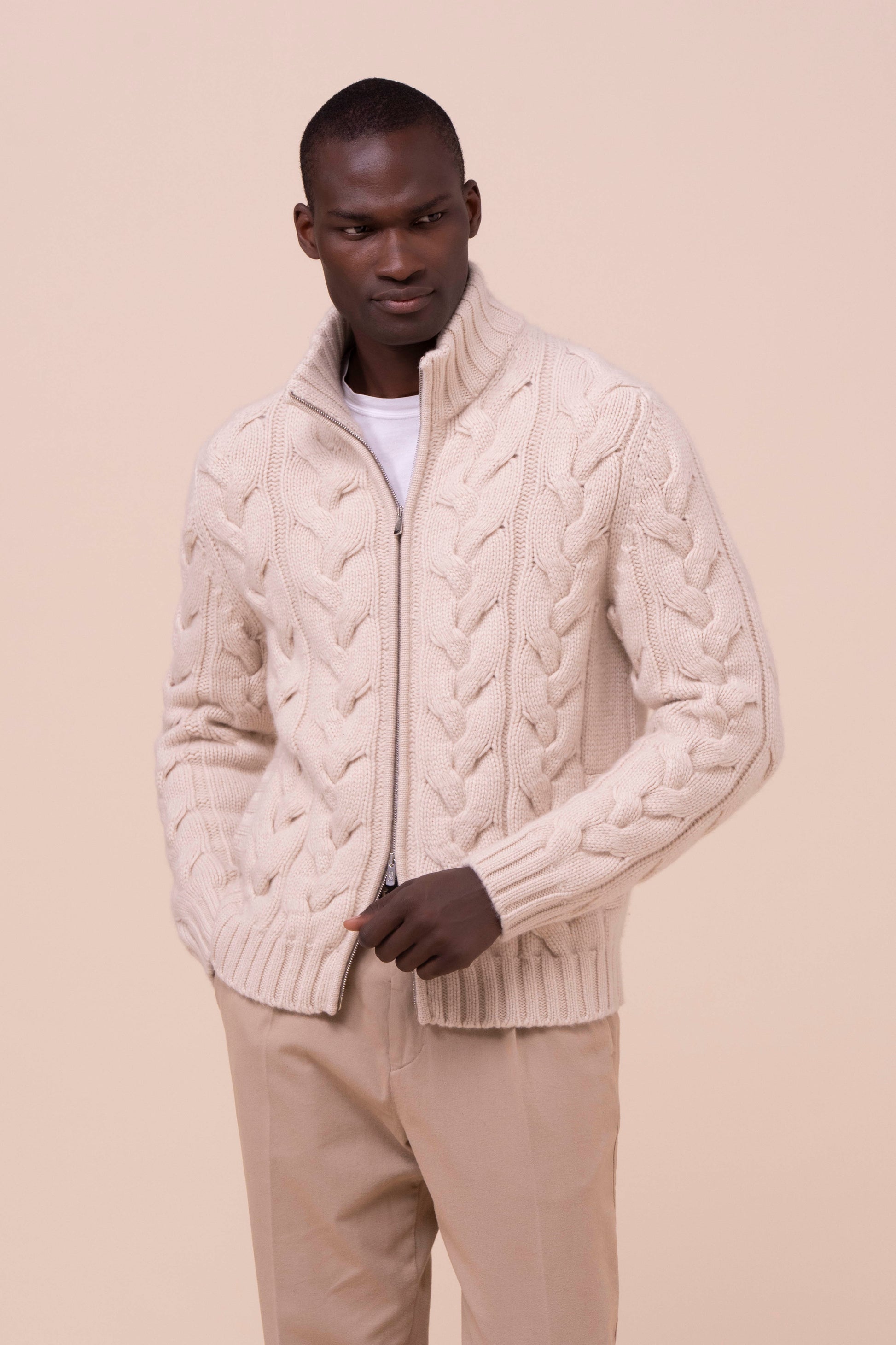 Hand Cashmere Full Zip Sweater - LINENMELANGE