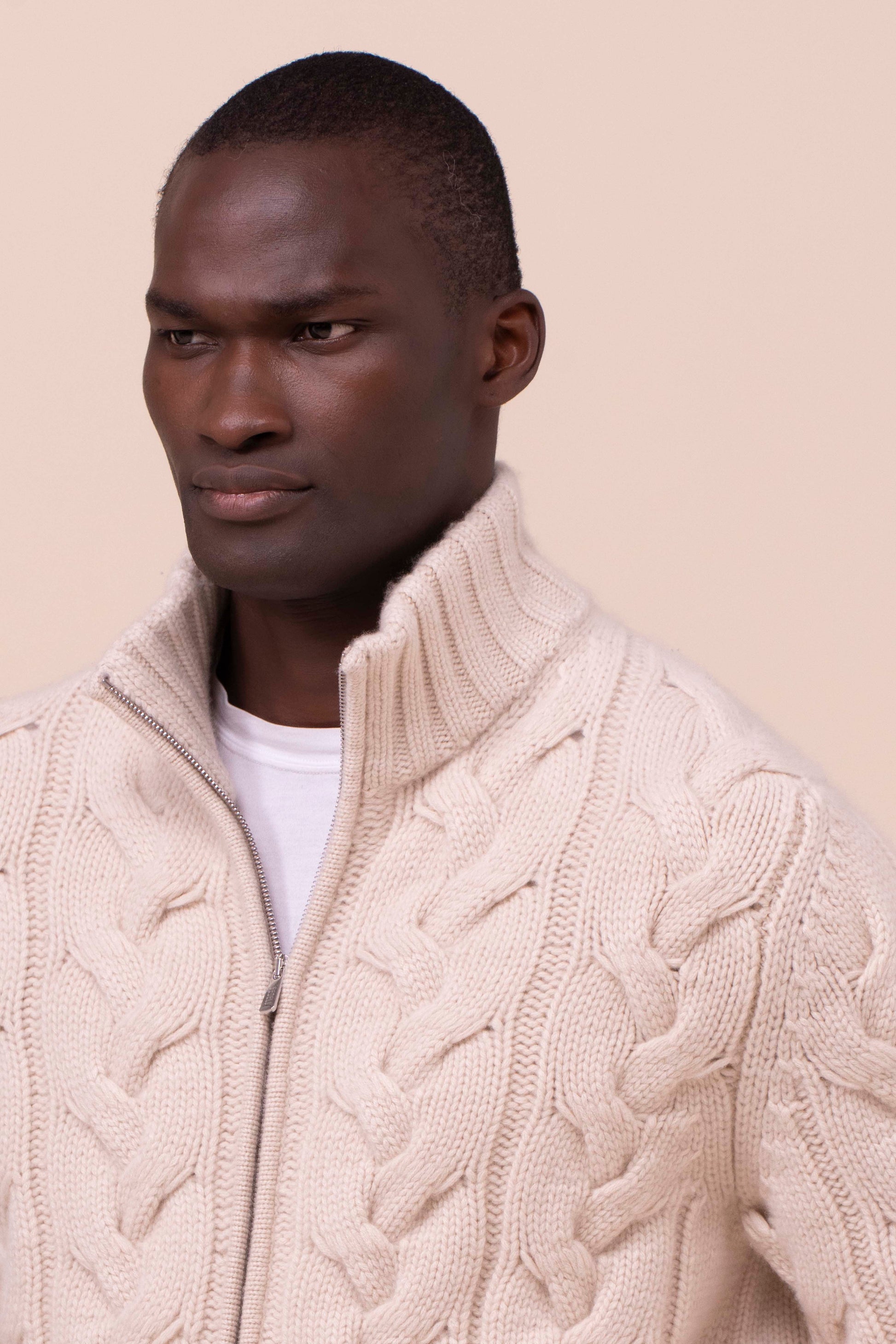 Hand Cashmere Full Zip Sweater - LINENMELANGE