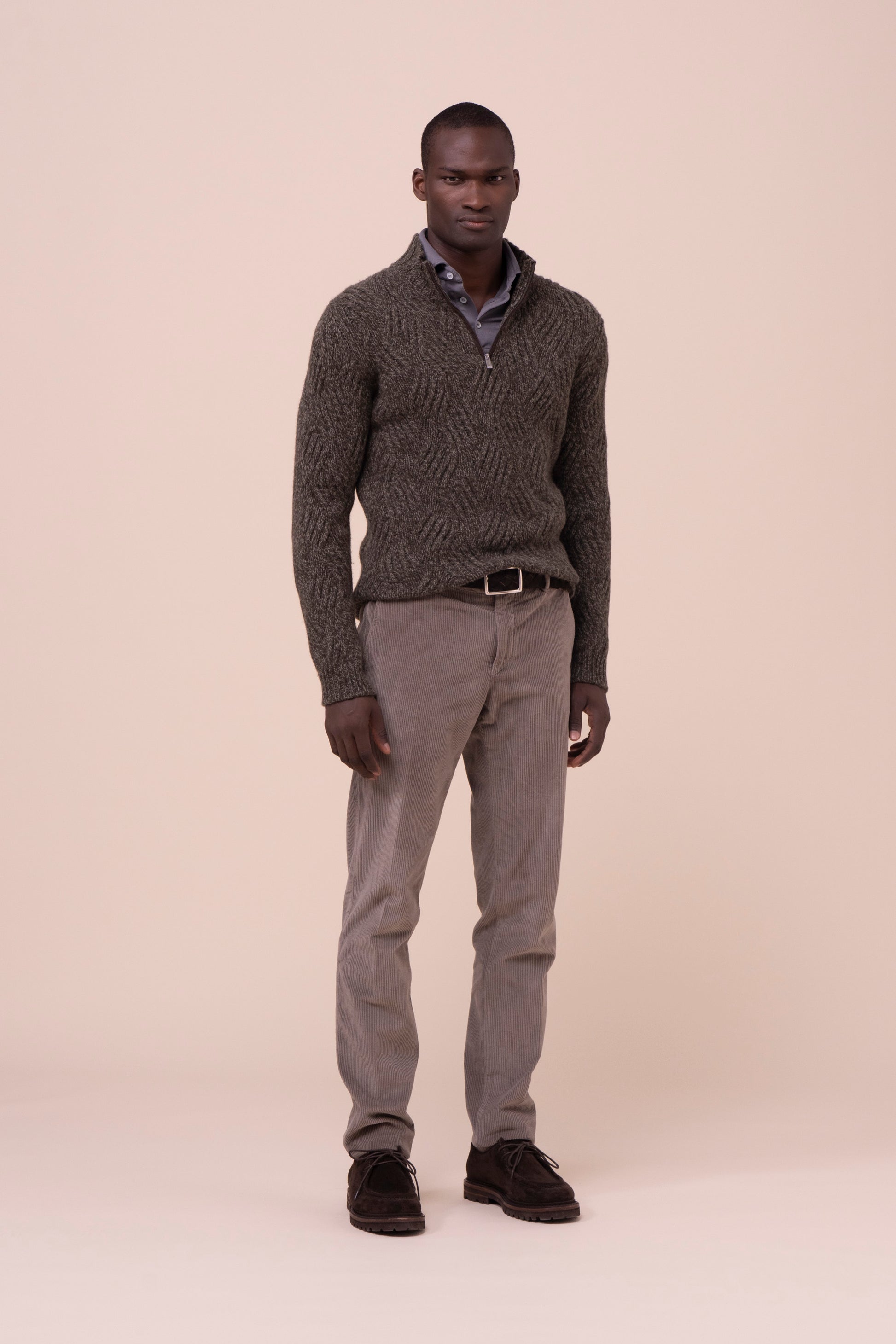 Ande maglia a mezza zip in baby alpaca e lana - OLIVEGREENMELANGE