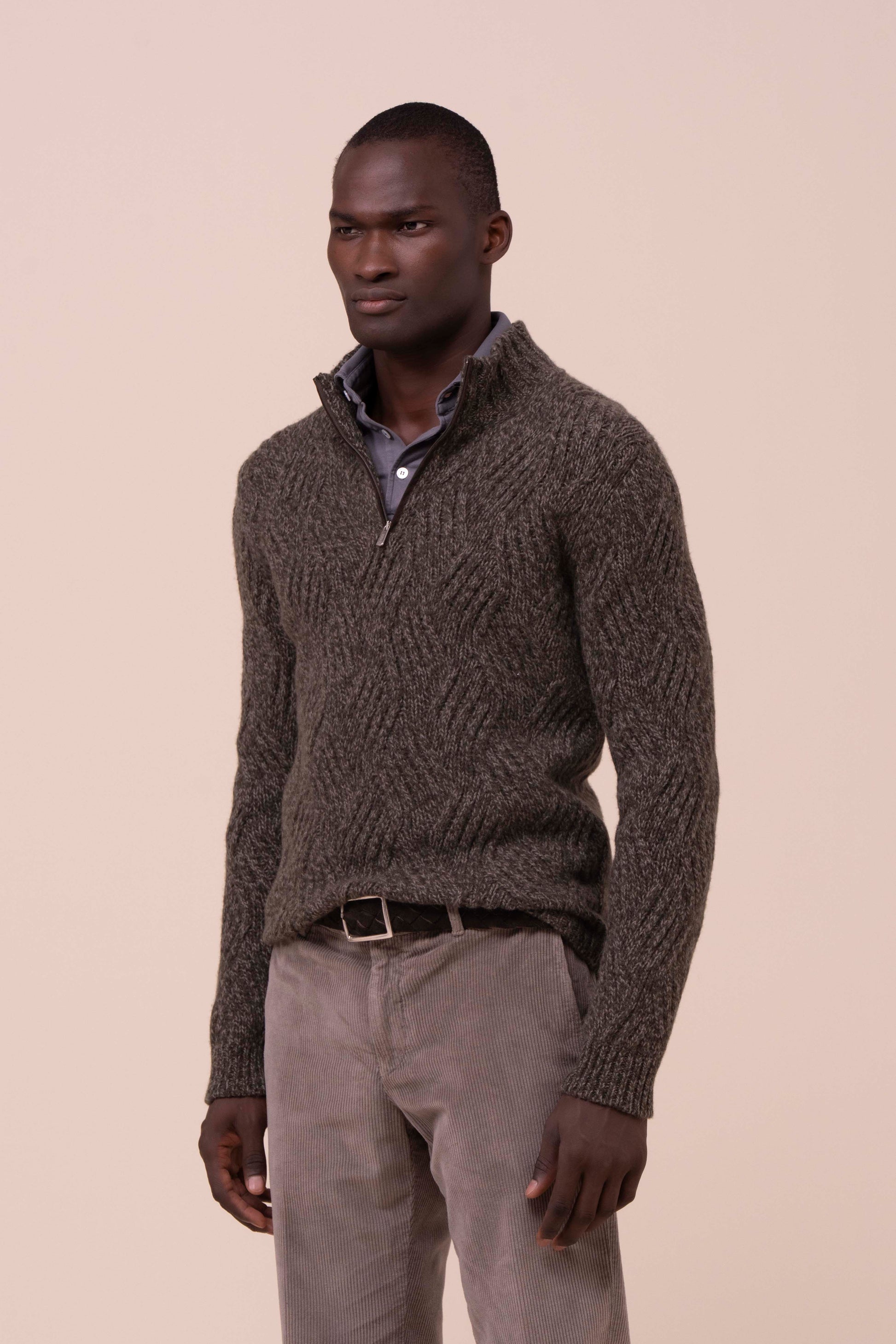 Ande maglia a mezza zip in baby alpaca e lana - OLIVEGREENMELANGE
