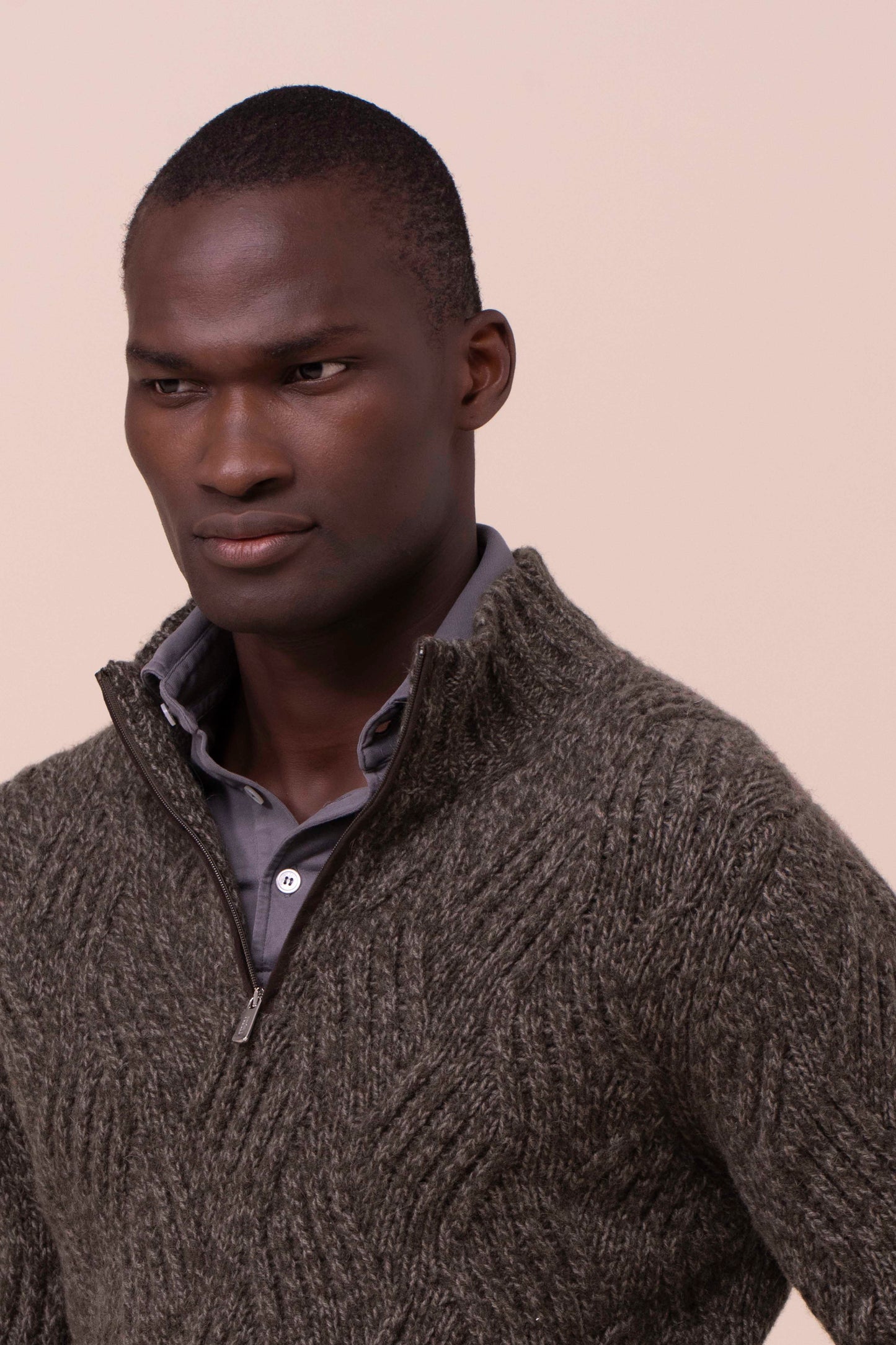 Ande maglia a mezza zip in baby alpaca e lana - OLIVEGREENMELANGE