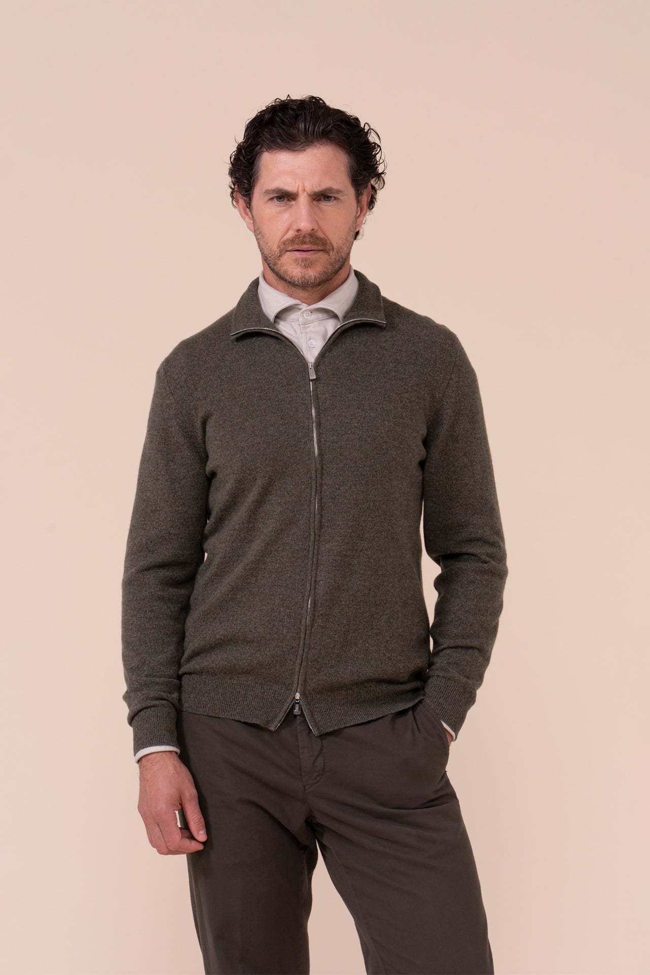 Favonio Cashmere Full-zip Sweater - OLIVEGREENMELANGE