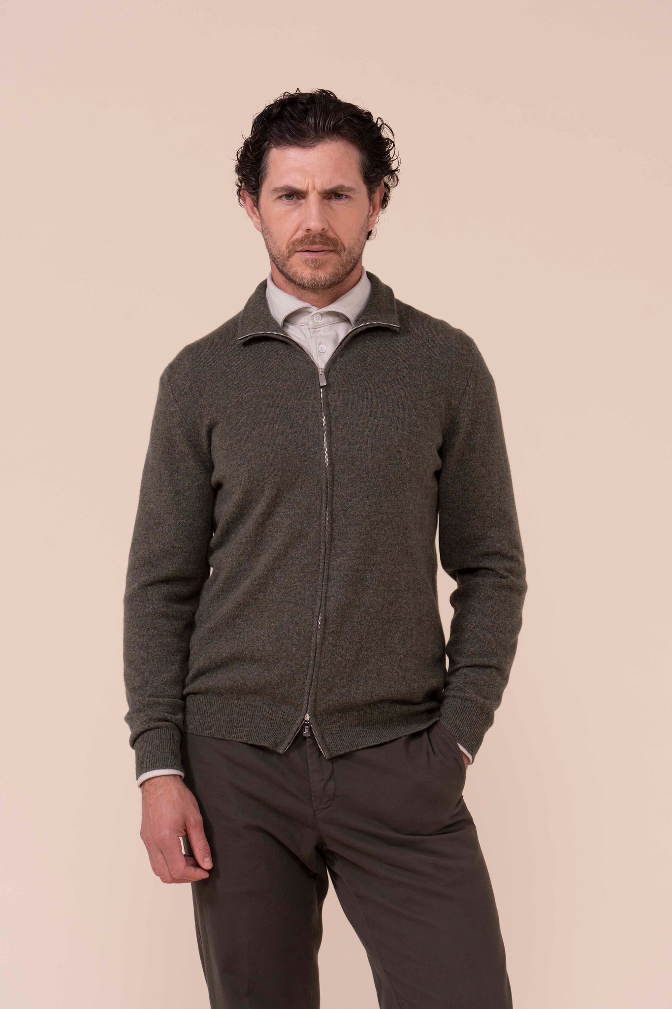 Favonio Cashmere Full-zip Sweater - OLIVEGREENMELANGE