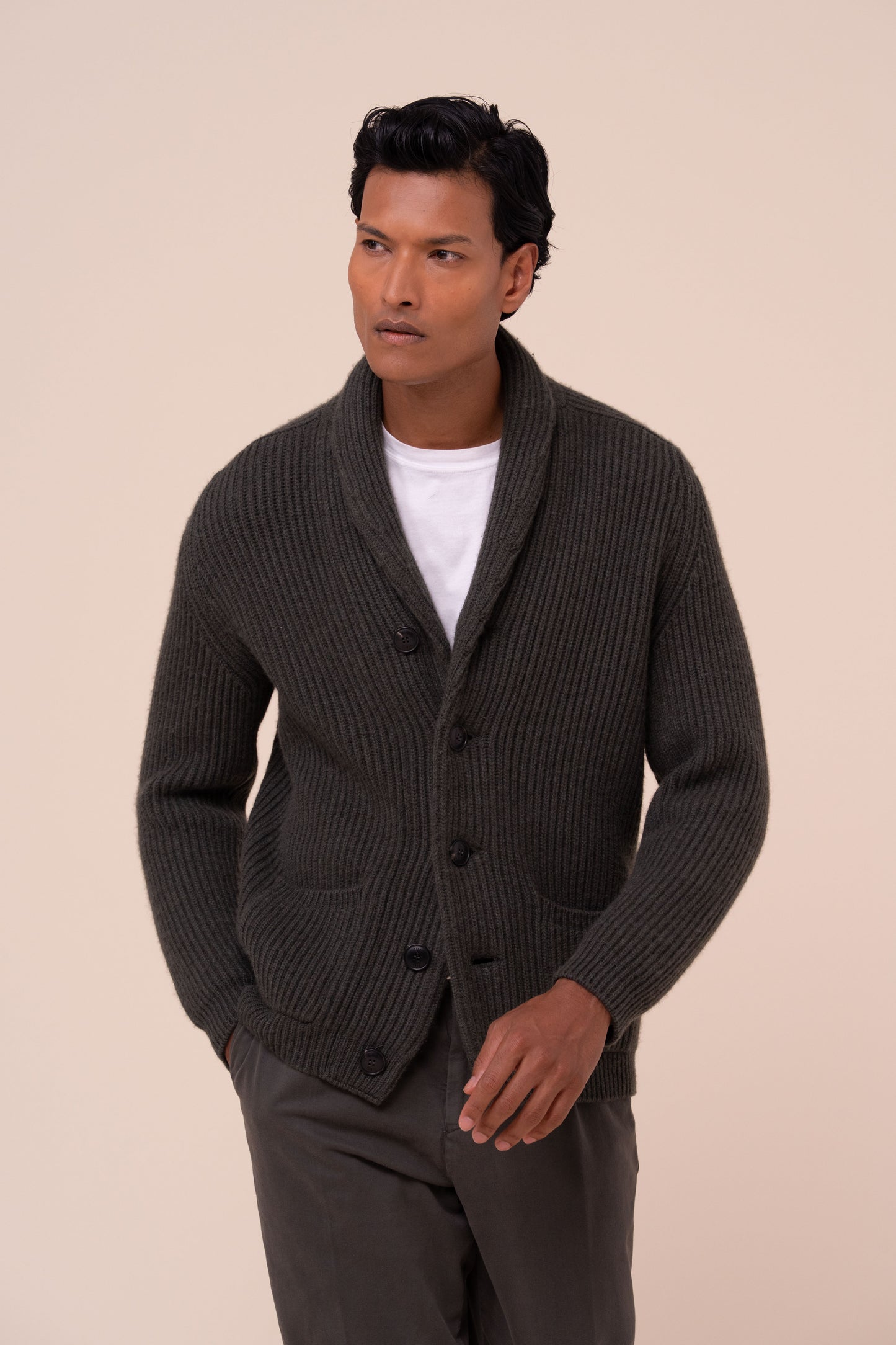 Terminillo cardigan con collo a scialle in cashmere - DARKOLIVEGREEN