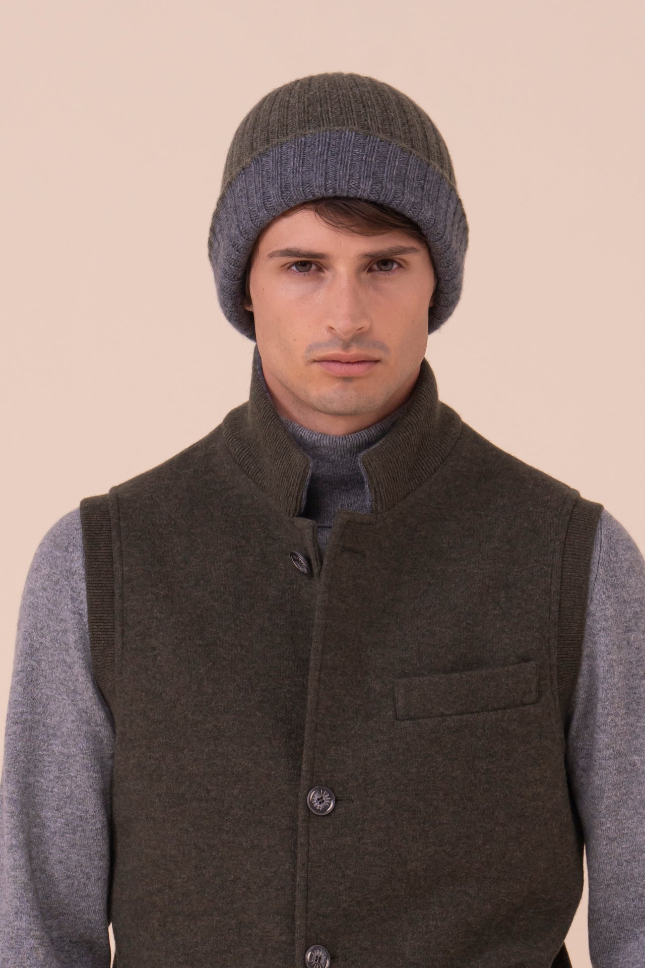 Double berretto in maglia di cashmere - Bicolore - OLIVEGREENMELANGE