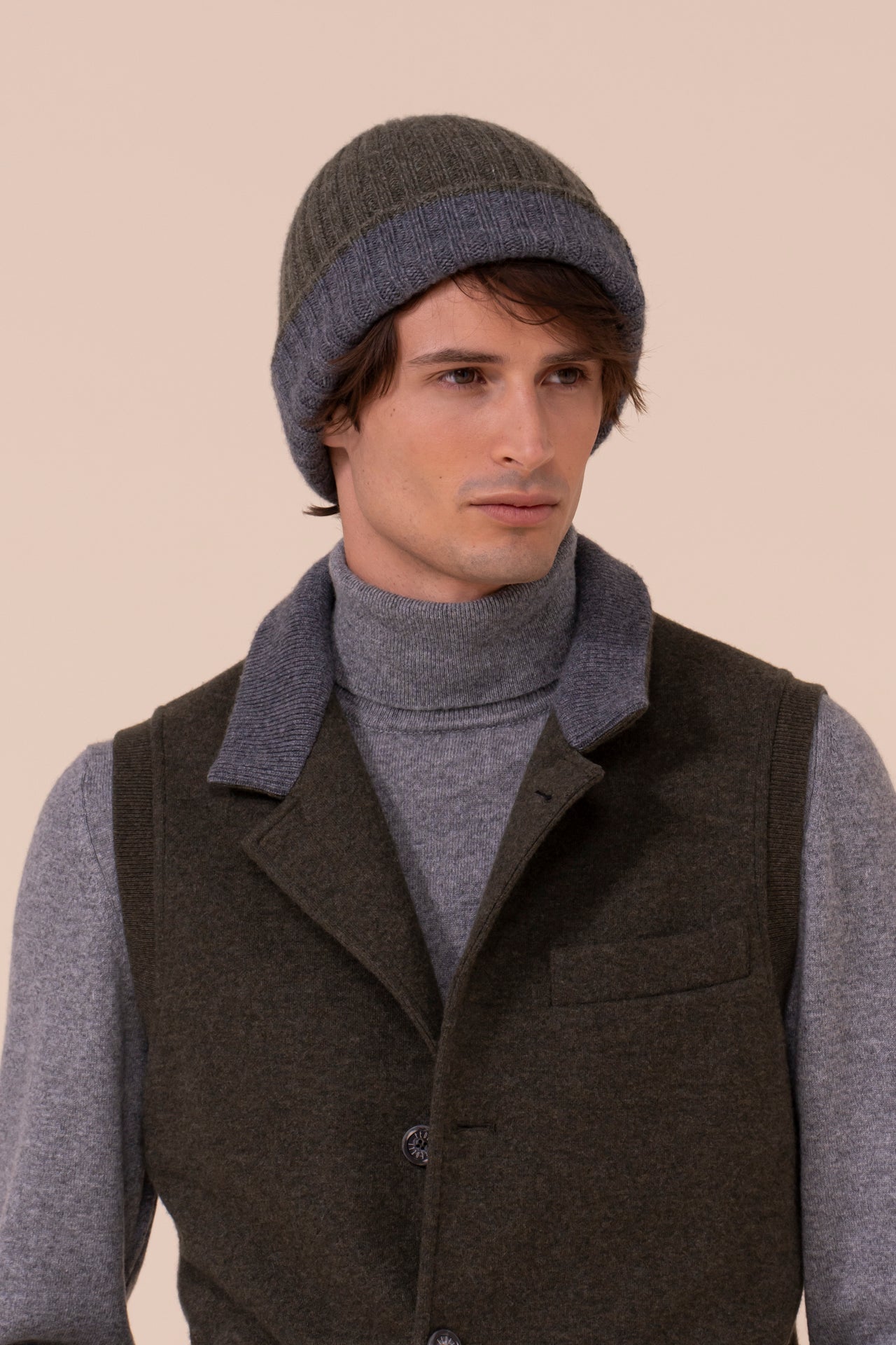 Double Cashmere Beanie - Bicolor - OLIVEGREENMELANGE