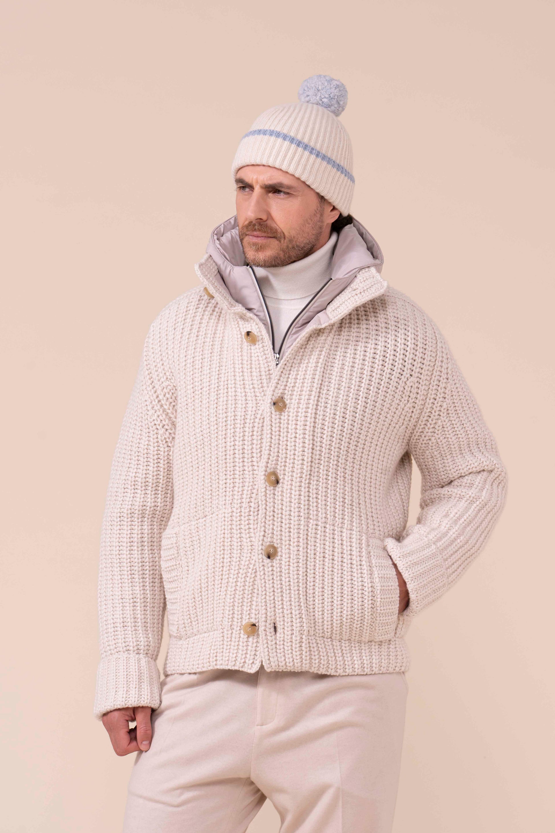 Alfredo Cashmere Beanie with Pom Pom - CREAM