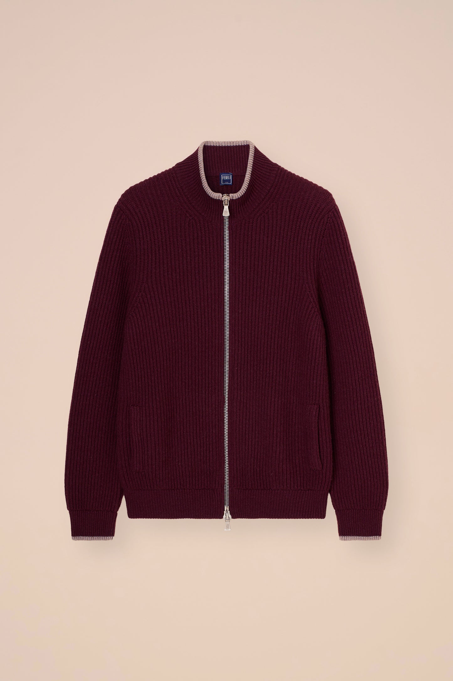 Sand Cashmere Full Zip Sweater - MAROON