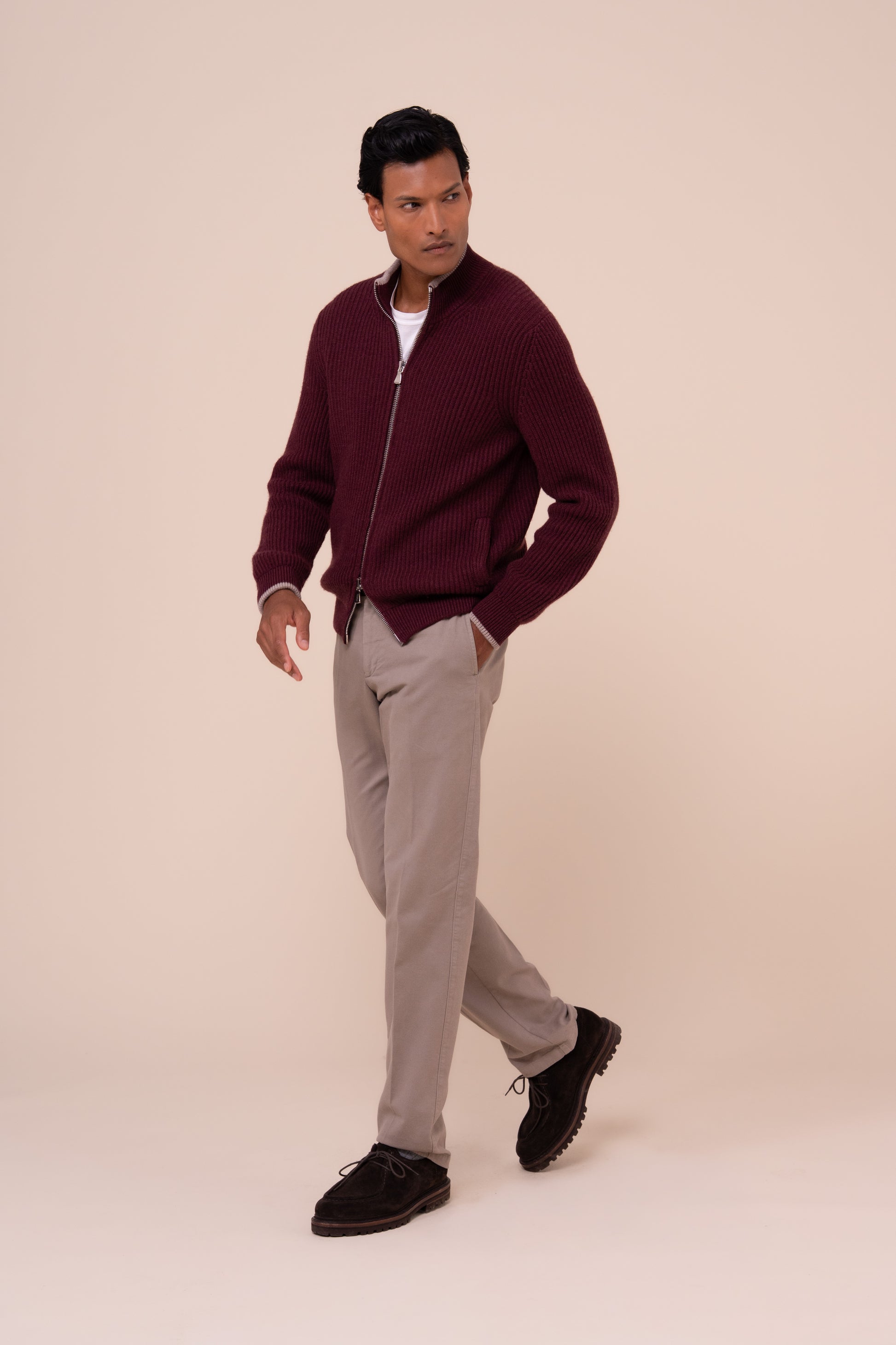 Sand Cashmere Full Zip Sweater - MAROON