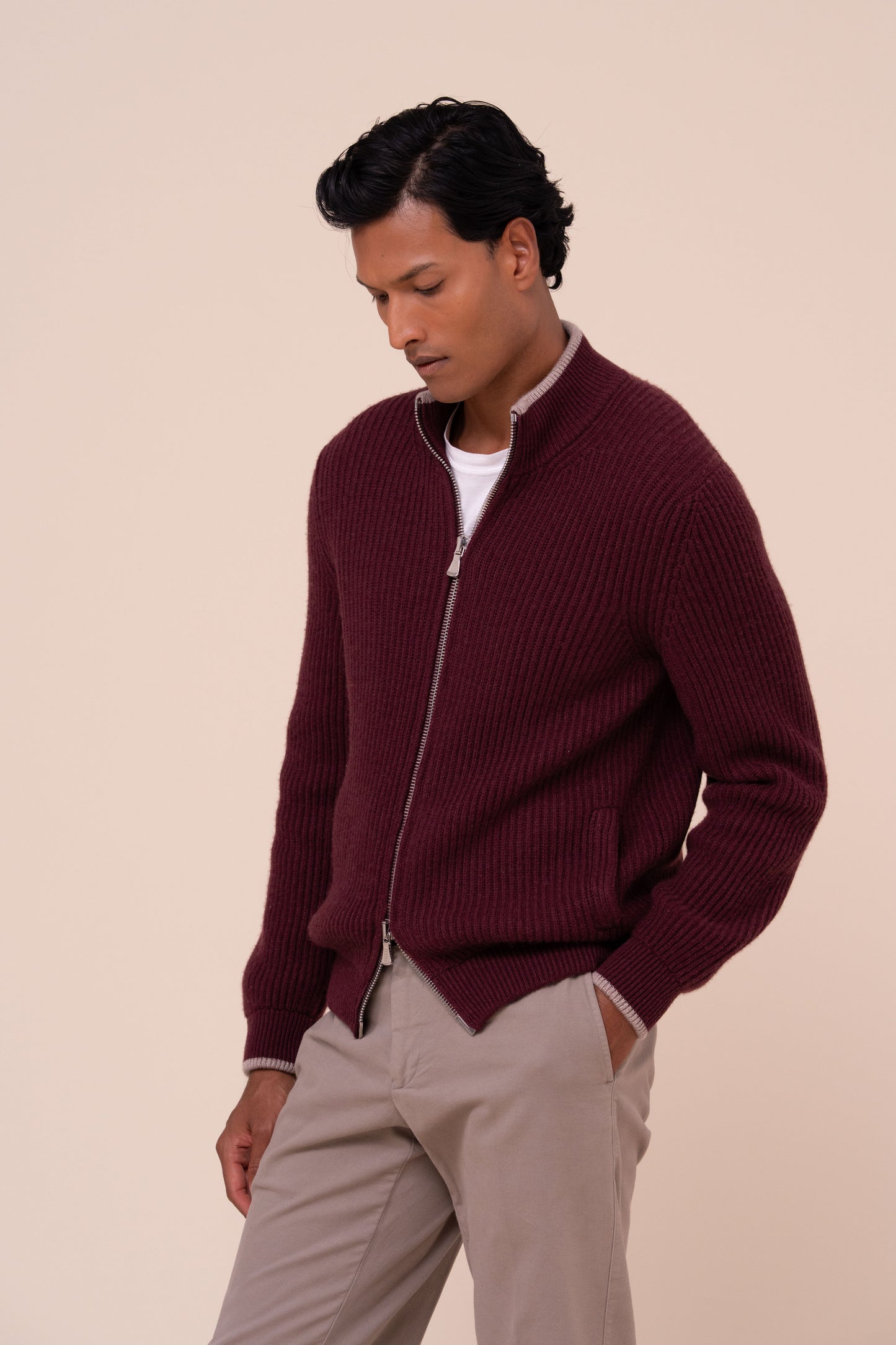 Sand Cashmere Full Zip Sweater - MAROON