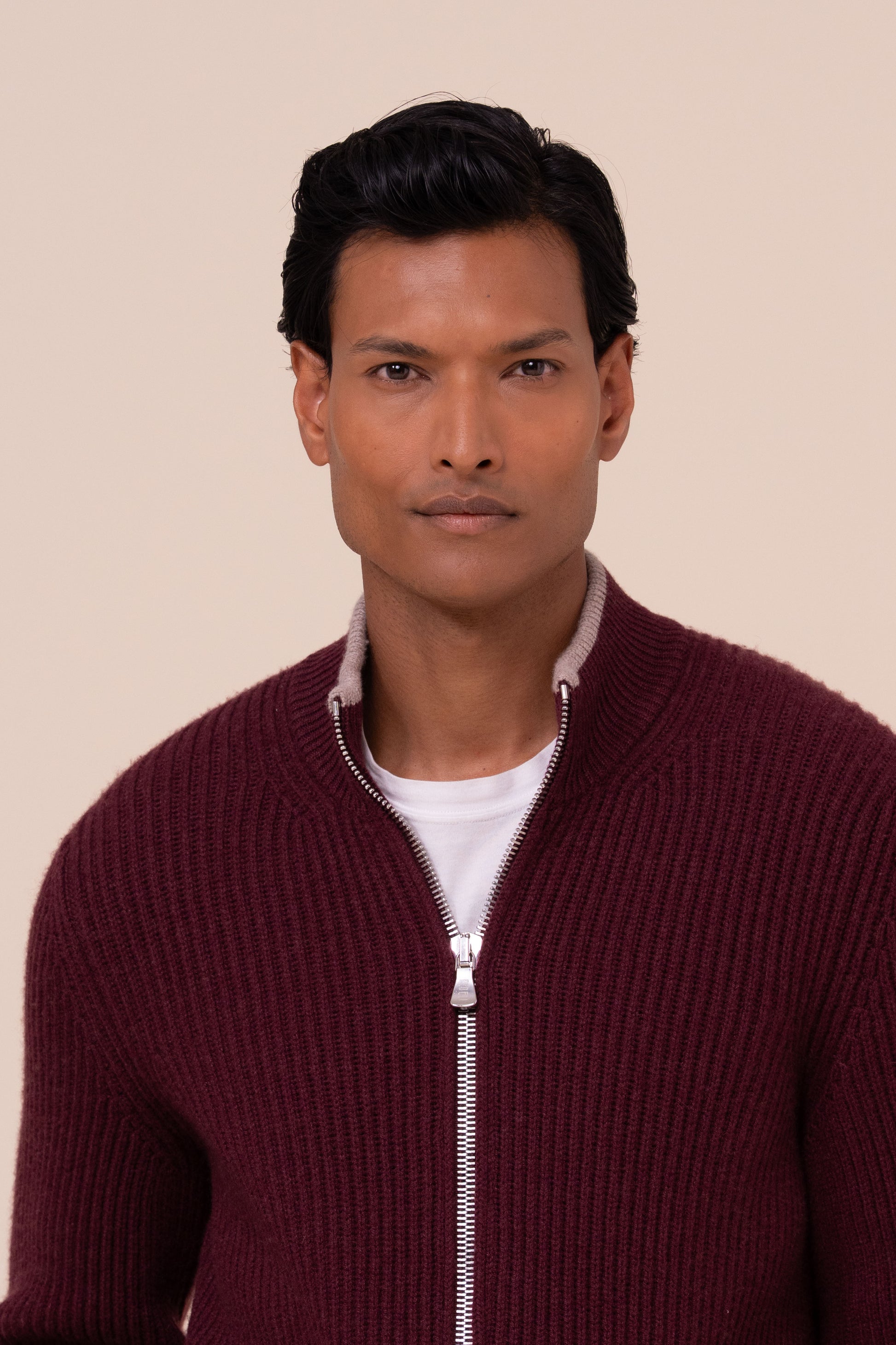 Sand Cashmere Full Zip Sweater - MAROON