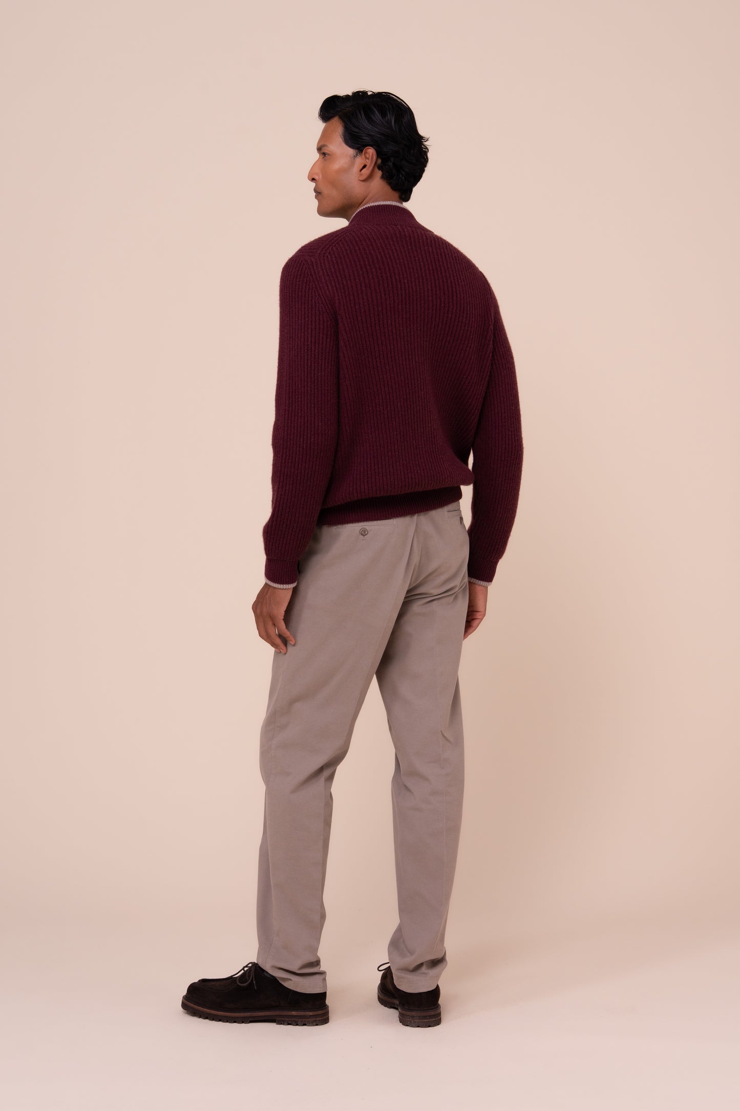 Sand Cashmere Full Zip Sweater - MAROON