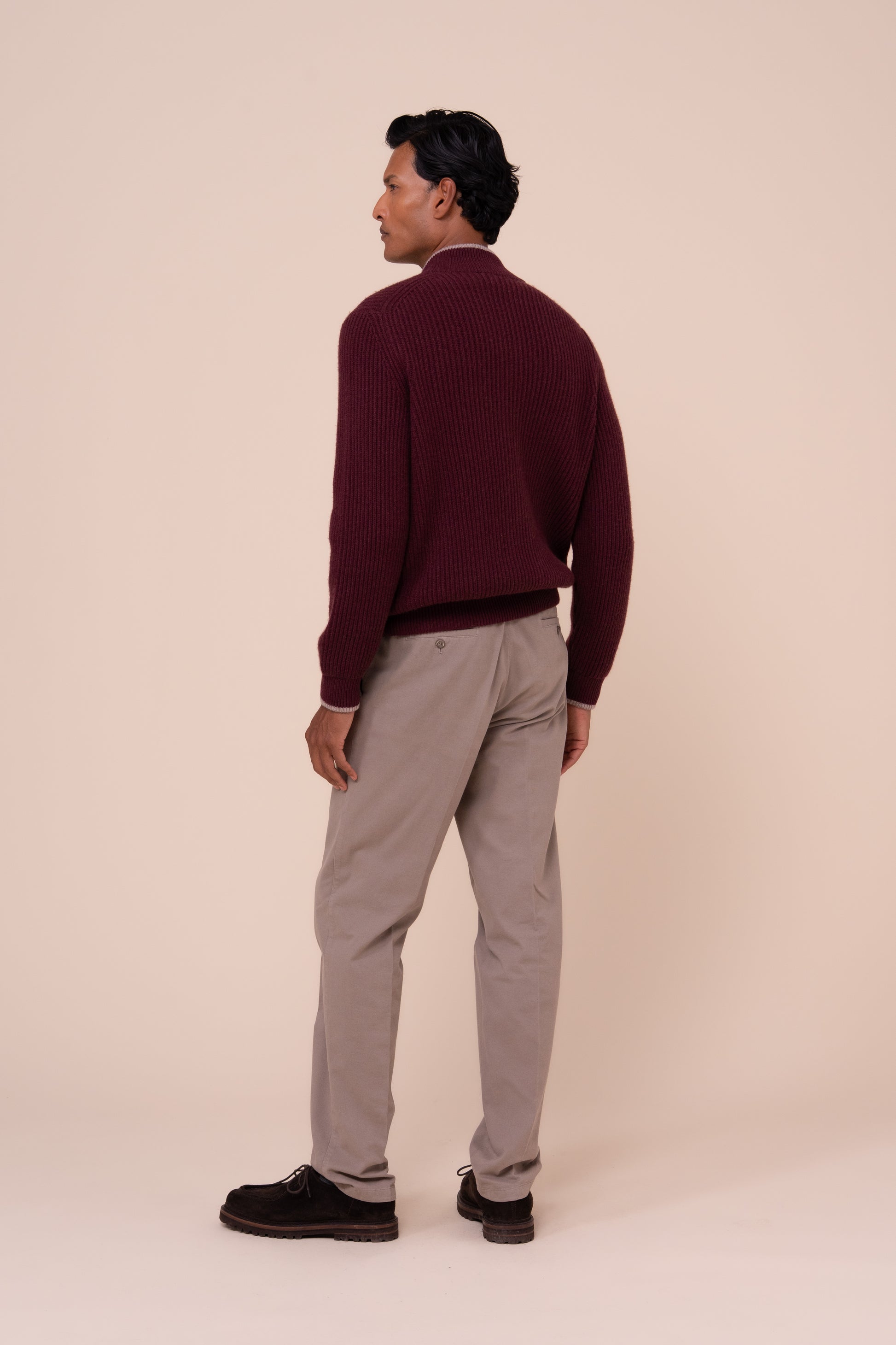 Sand Cashmere Full Zip Sweater - MAROON