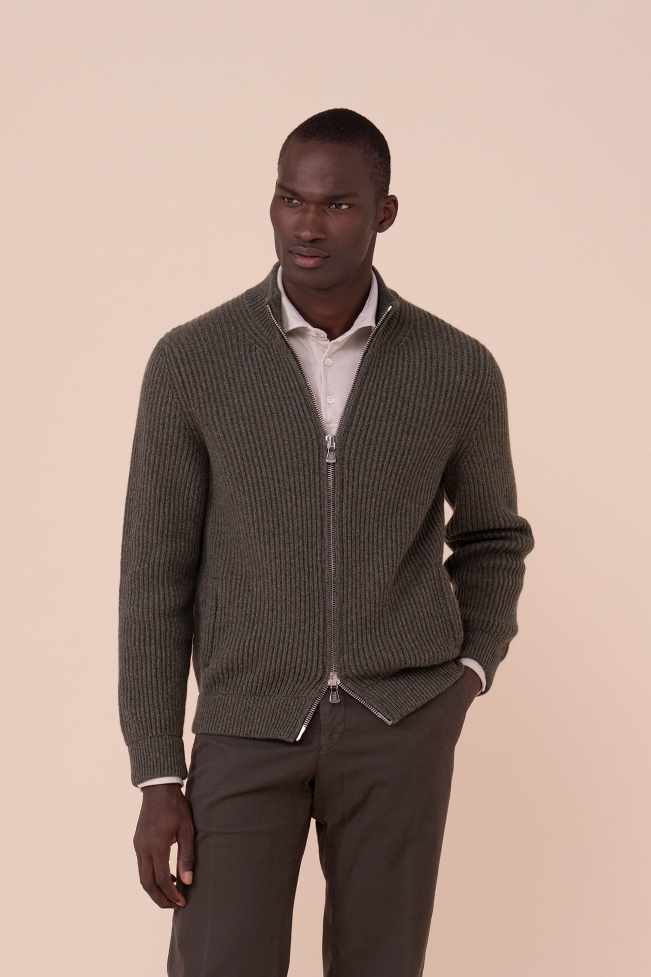 Sand maglia in cashmere con zip - Bicolore - OLIVEGREENMELANGE