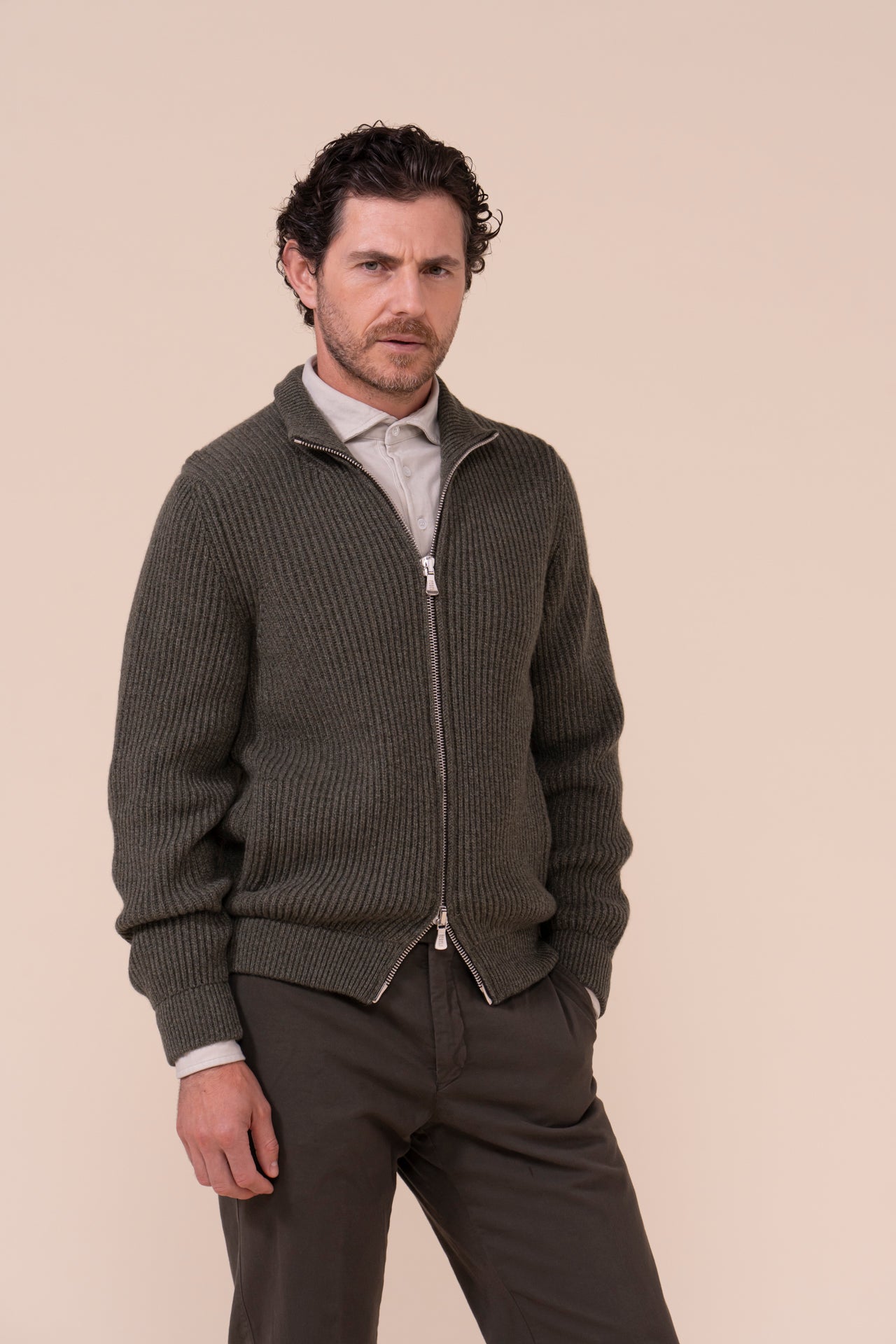 Sand maglia in cashmere con zip - Bicolore - OLIVEGREENMELANGE