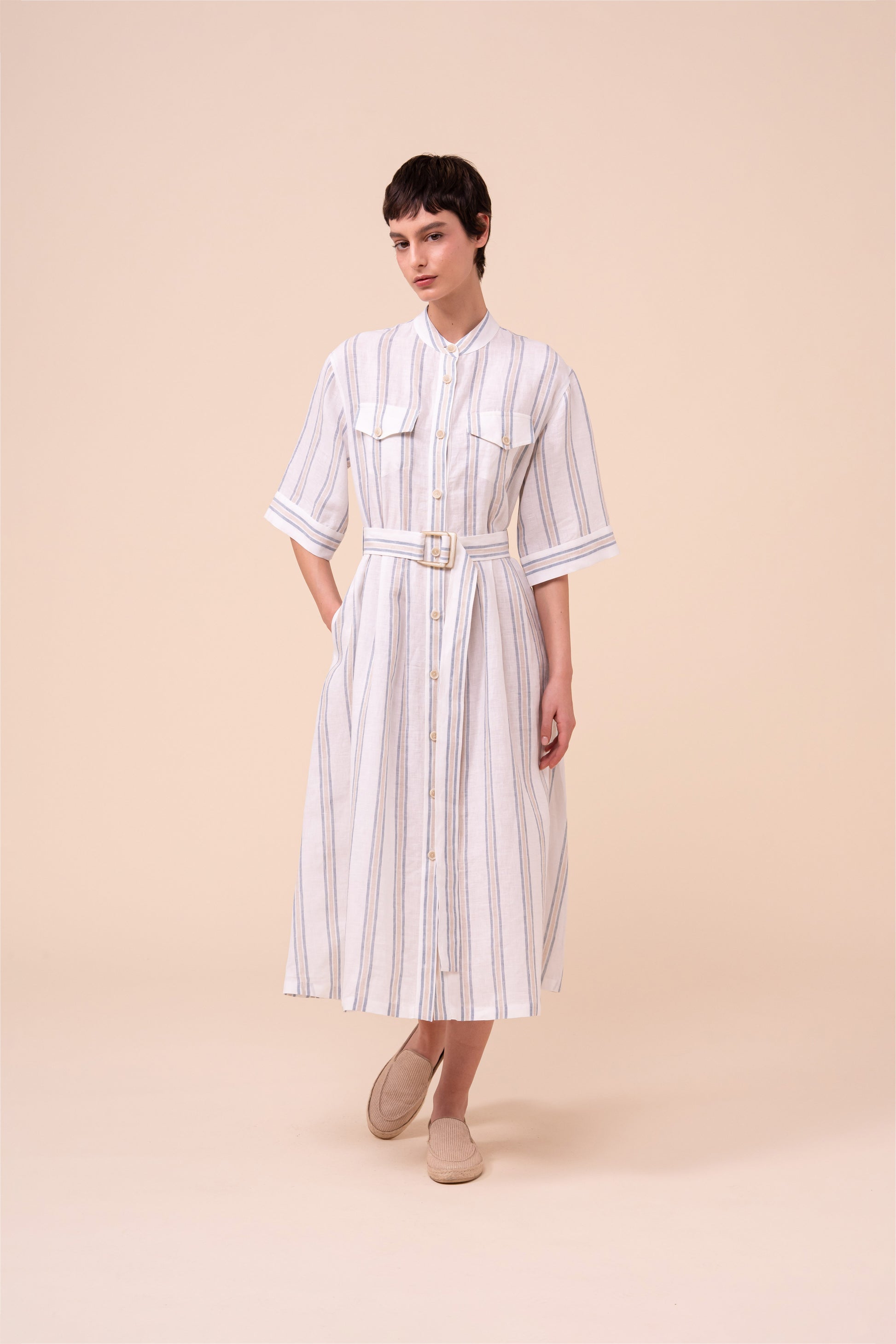Rossi abito in lino rigato - WHITE