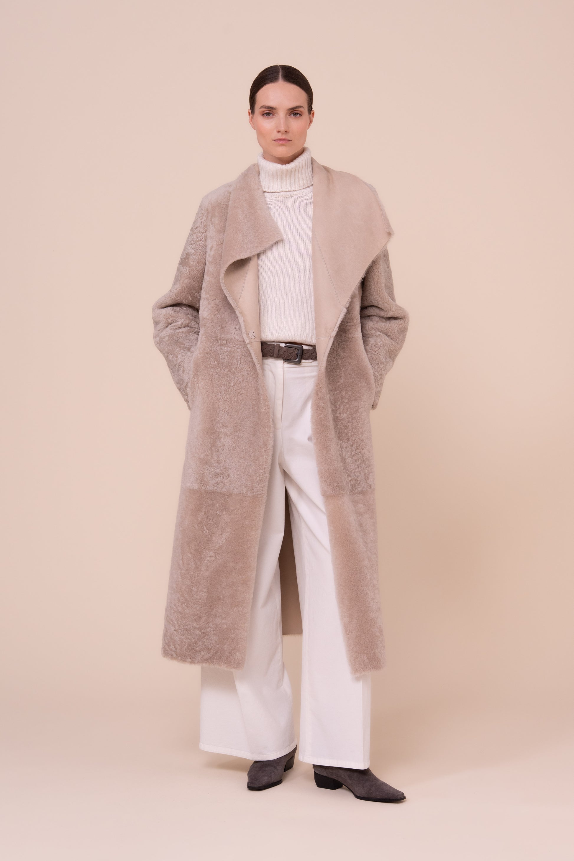 Petra Shearling Long Coat - Reversible - DESERT