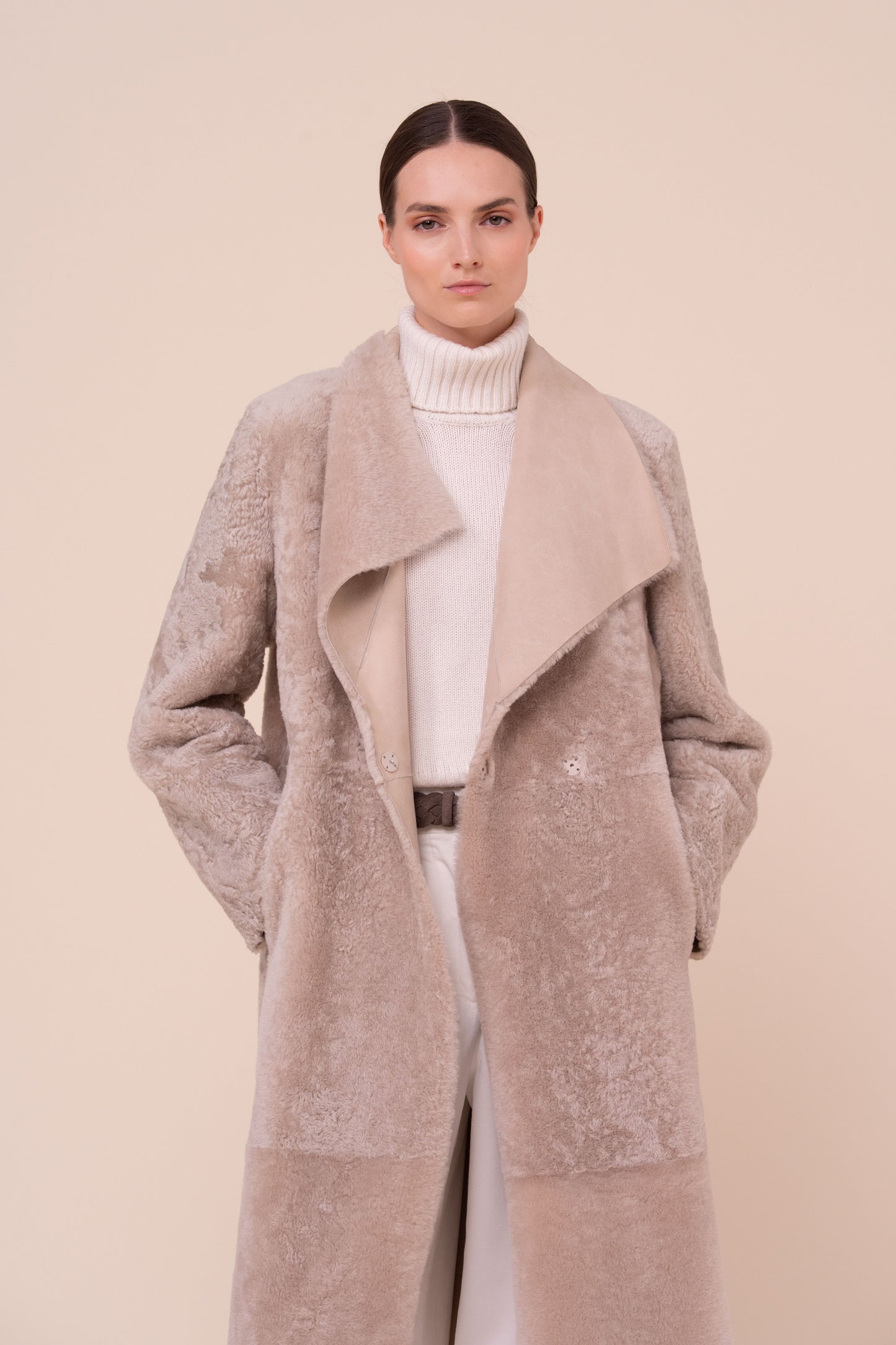 Petra Shearling Long Coat - Reversible - DESERT