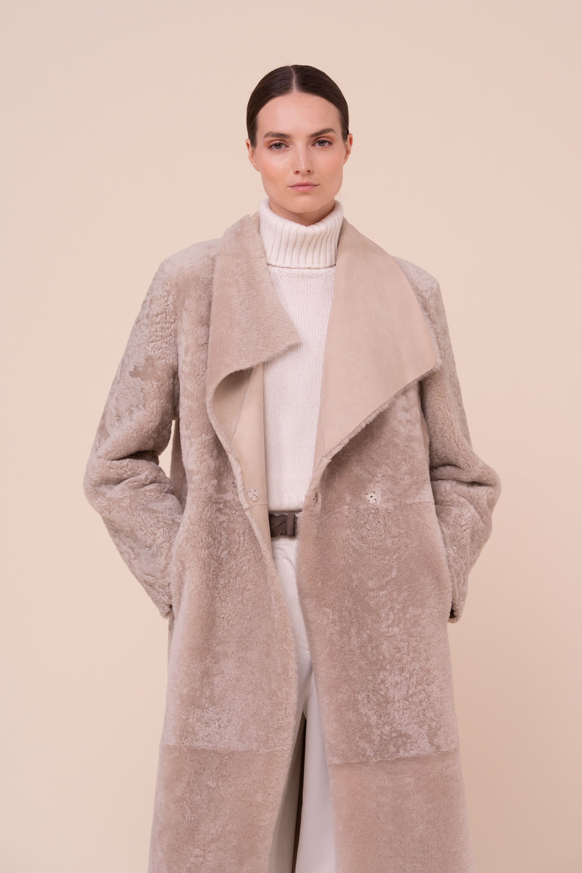 Petra Shearling Long Coat - Reversible - DESERT