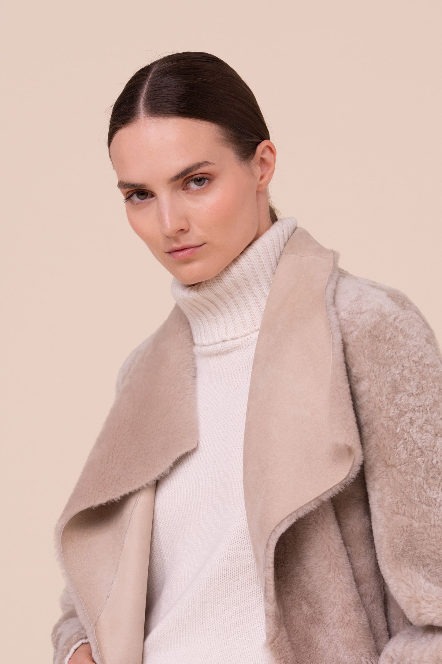 Petra Shearling Long Coat - Reversible - DESERT