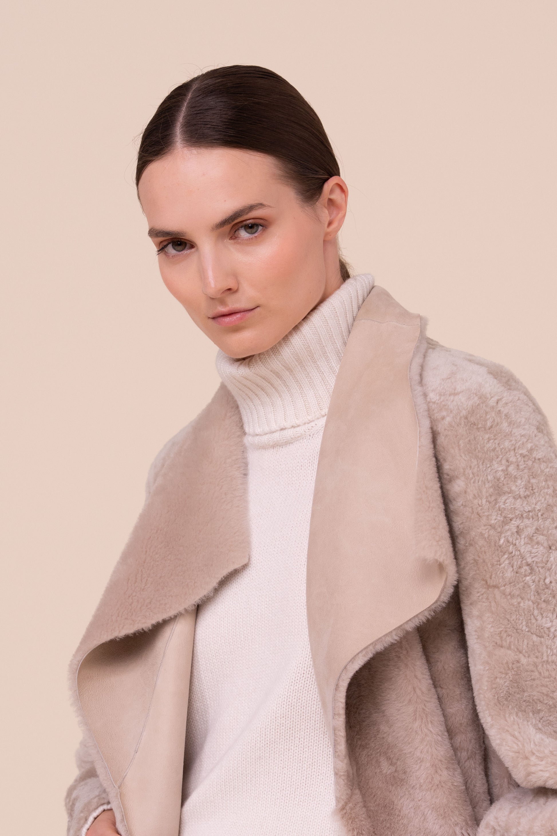 Petra Shearling Long Coat - Reversible - DESERT