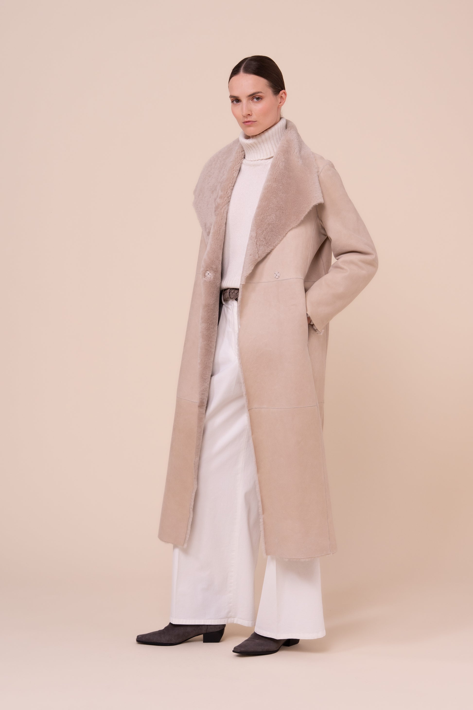 Petra Shearling Long Coat - Reversible - DESERT
