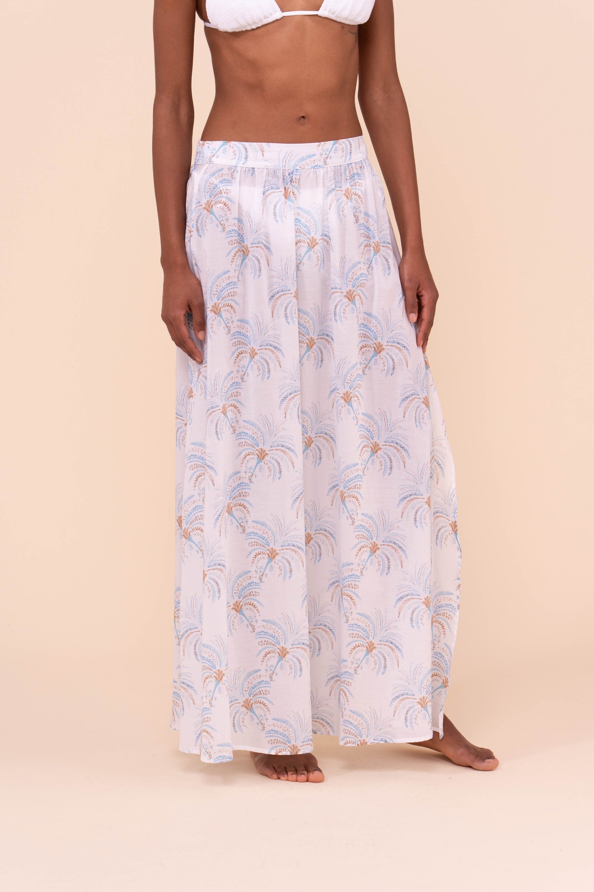Ustica Printed Cotton Voile Skirt - Palms Pattern - CORNFLOWERBLUE