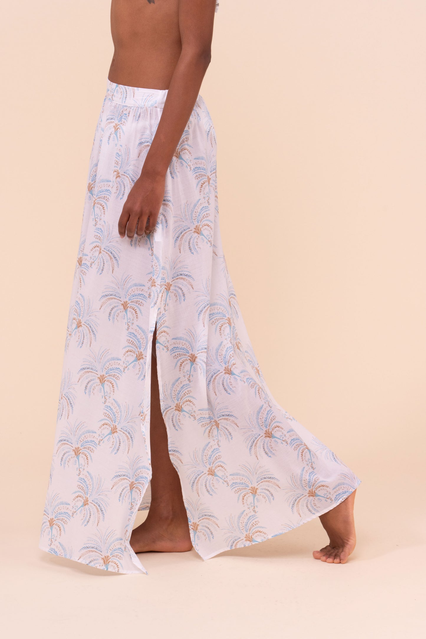 Ustica Printed Cotton Voile Skirt - Palms Pattern - CORNFLOWERBLUE