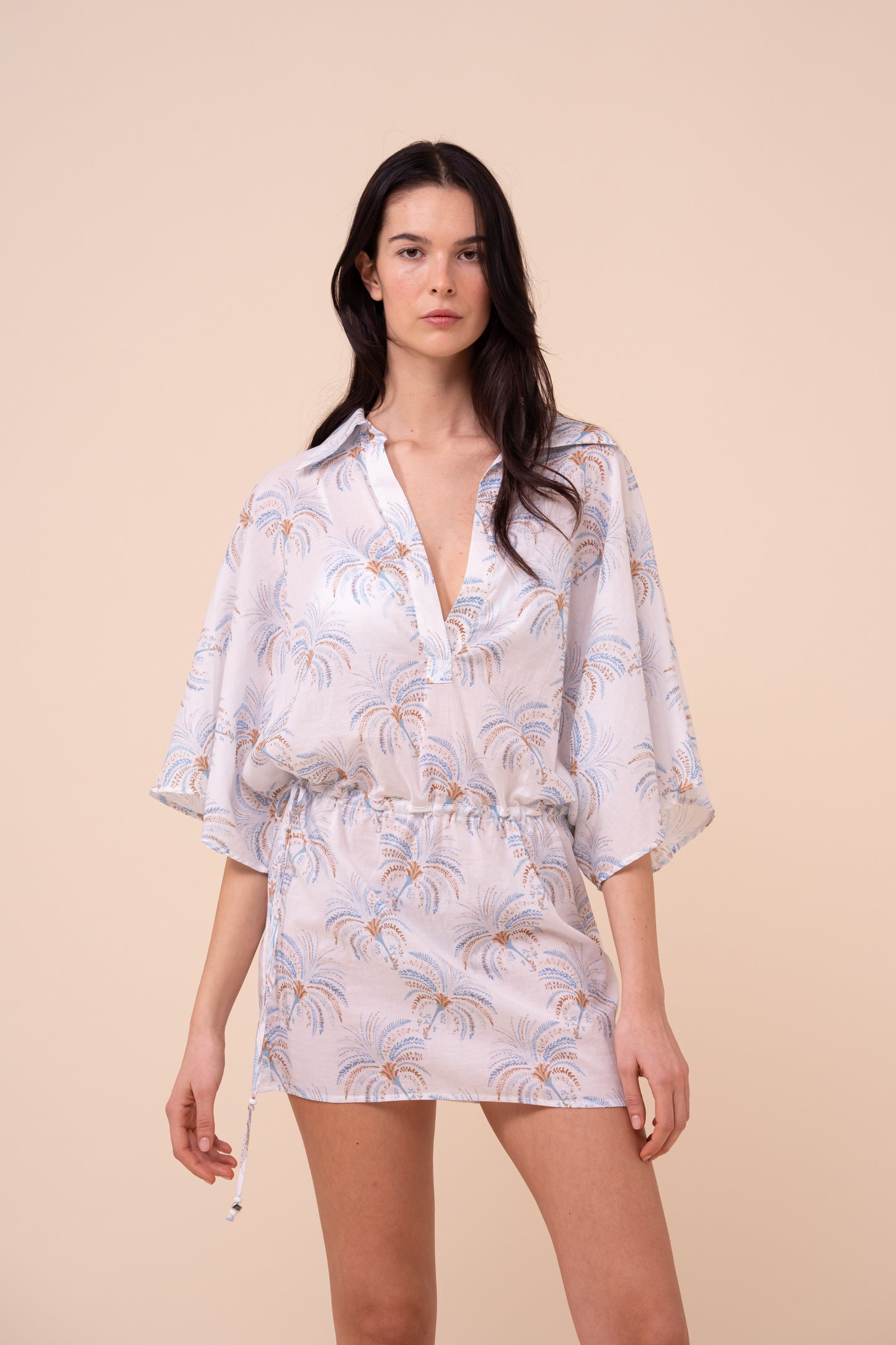 Palmi Printed Cotton Voile Kaftan - Palms Pattern - CORNFLOWERBLUE