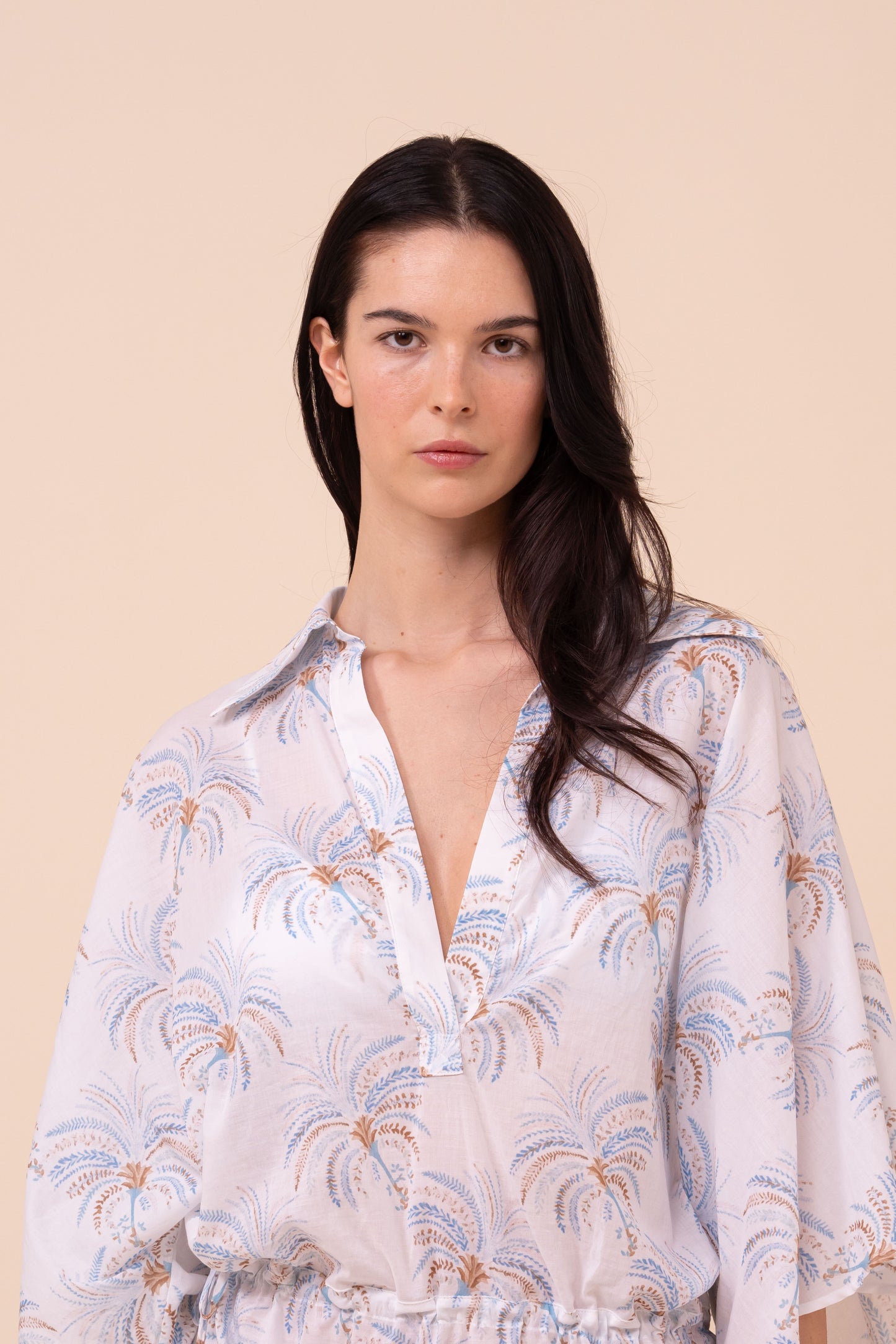 Palmi Printed Cotton Voile Kaftan - Palms Pattern - CORNFLOWERBLUE