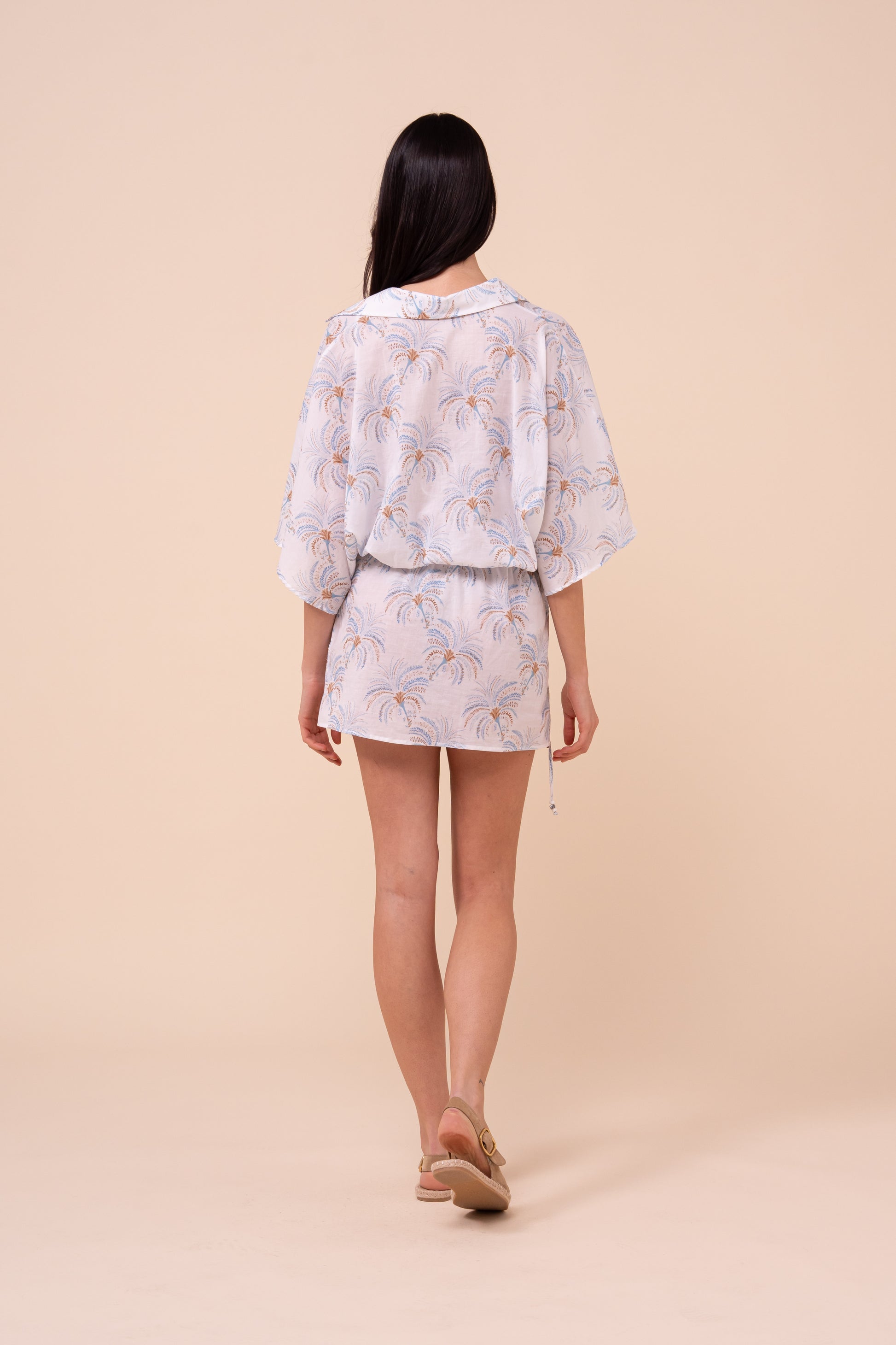 Palmi Printed Cotton Voile Kaftan - Palms Pattern - CORNFLOWERBLUE