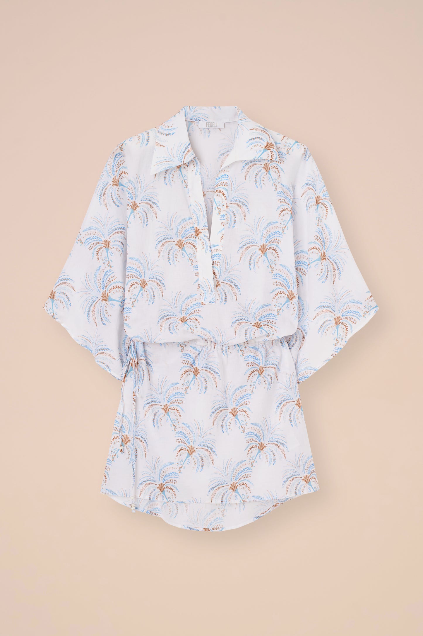 Palmi Printed Cotton Voile Kaftan - Palms Pattern - CORNFLOWERBLUE