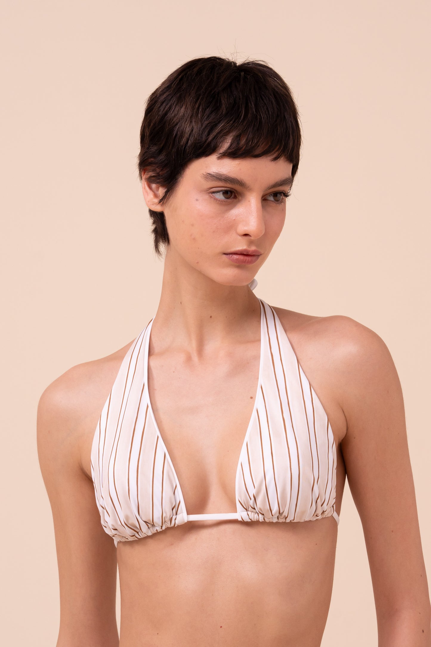 Nevada High-Neck Bikini Top - Striped Pattern - LINEN