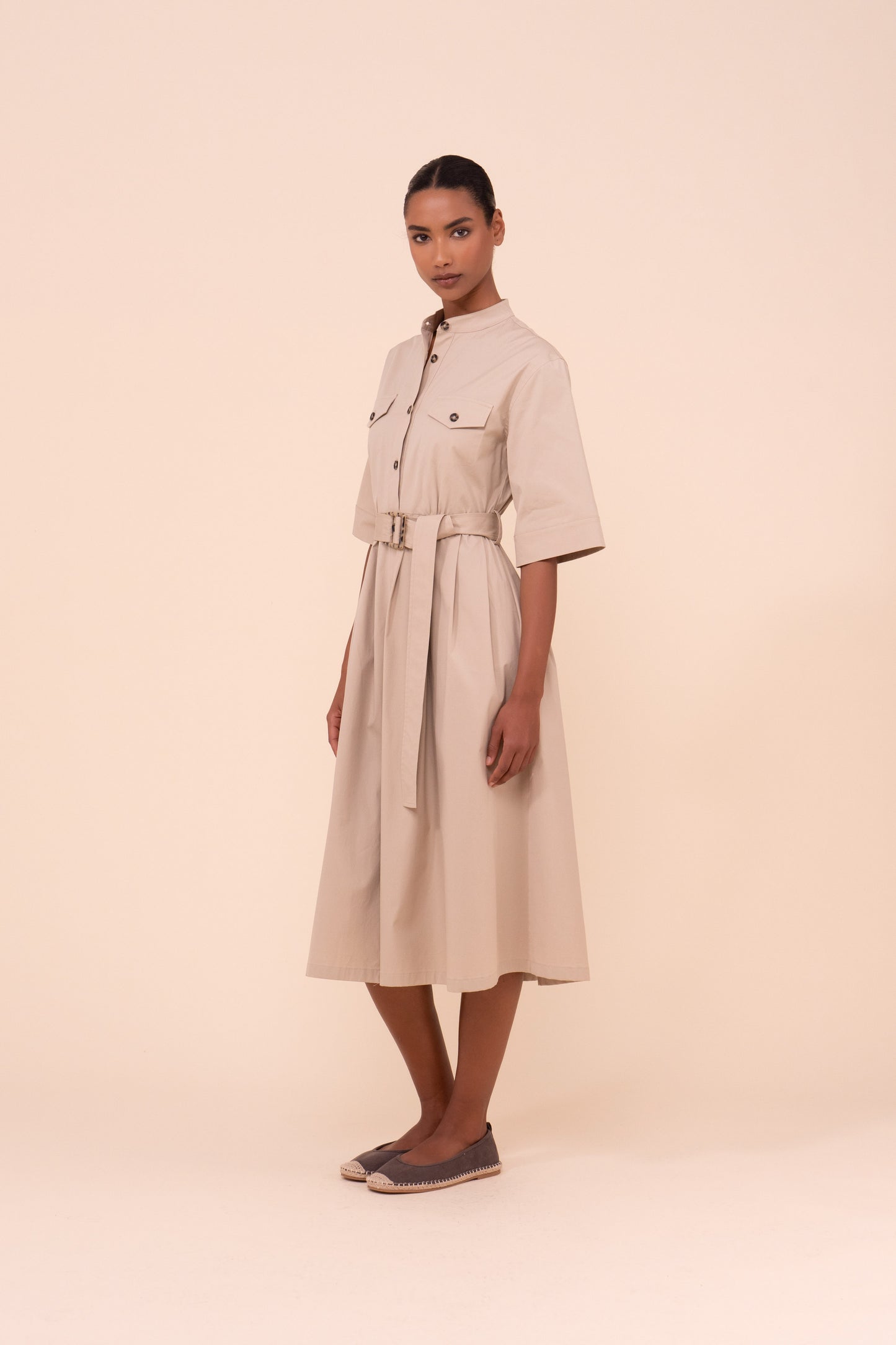 Rossi Cotton Poplin Belted Dress - ALMOND